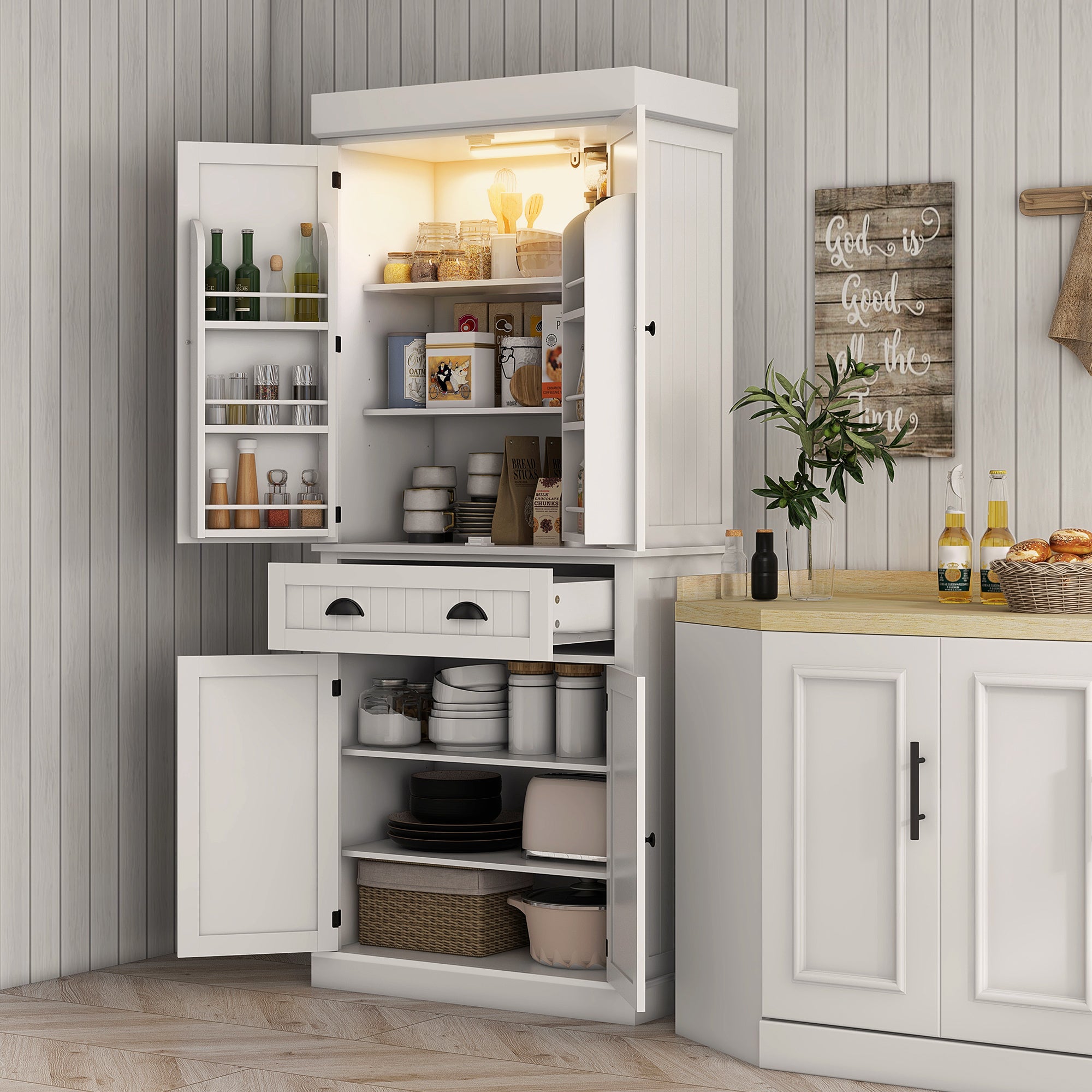 71" Pantry Cabinet with LED Motion Sensor Light, Freestanding Kitchen Pantry with 6 Spice Racks, Drawer and Adjustable Shelves, Tall Buffet Cabinet with Hutch, White