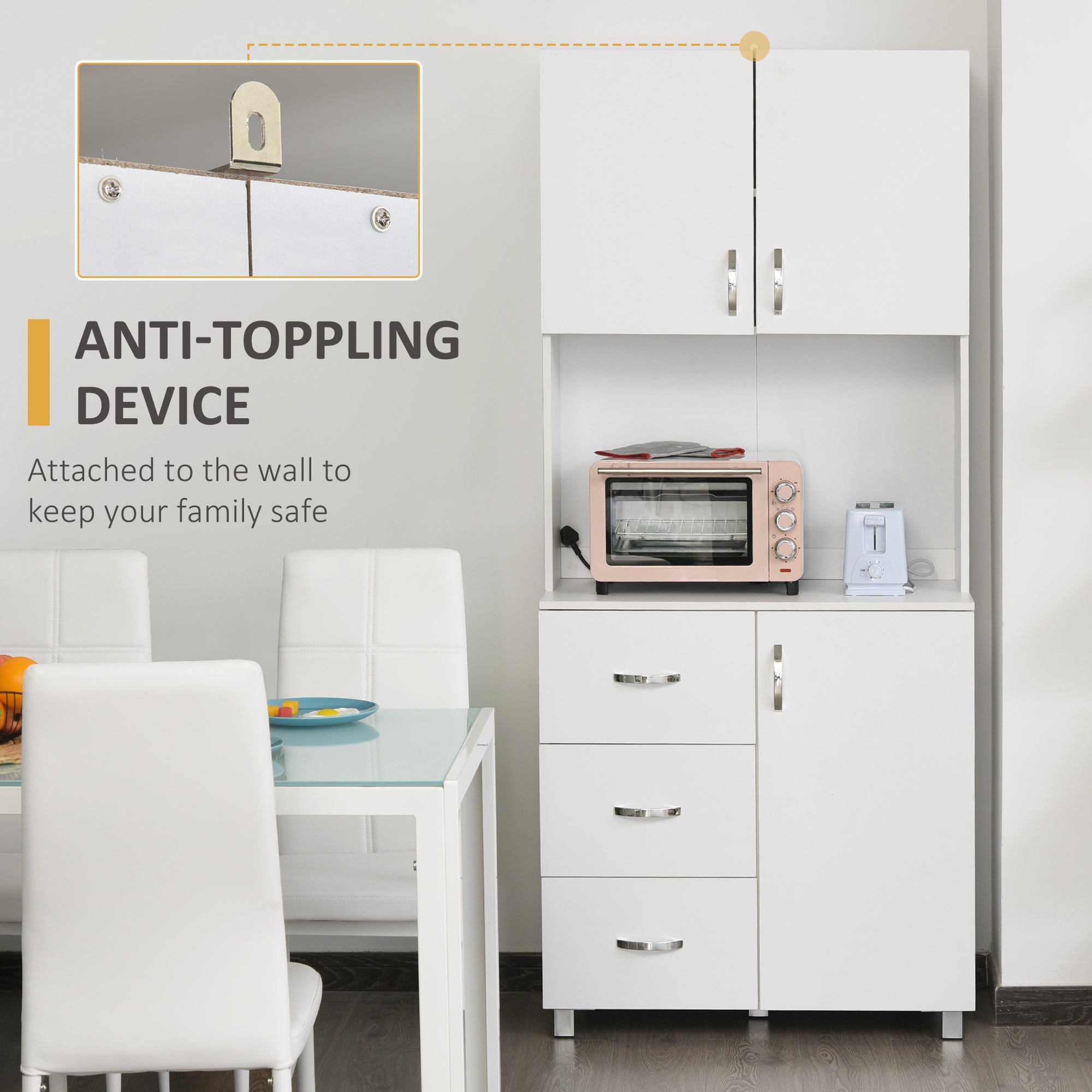 183.5cm Free standing Kitchen Cupboard, Storage Cabinet with Doors and Sheleves, 3 drawers and Open Space, Adjustable Height Storage Unit, White