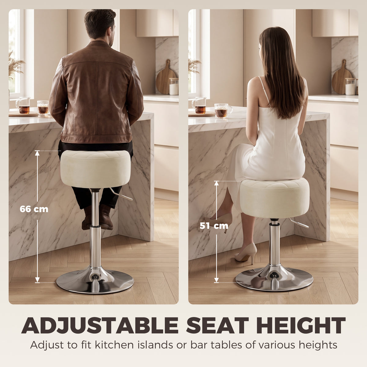 Bar Stool, Modern Adjustable Swivel Barstool with Velvet-Feel Seat, Kitchen Chair, Counter Height Kitchen Chair, 1 Piece, Beige