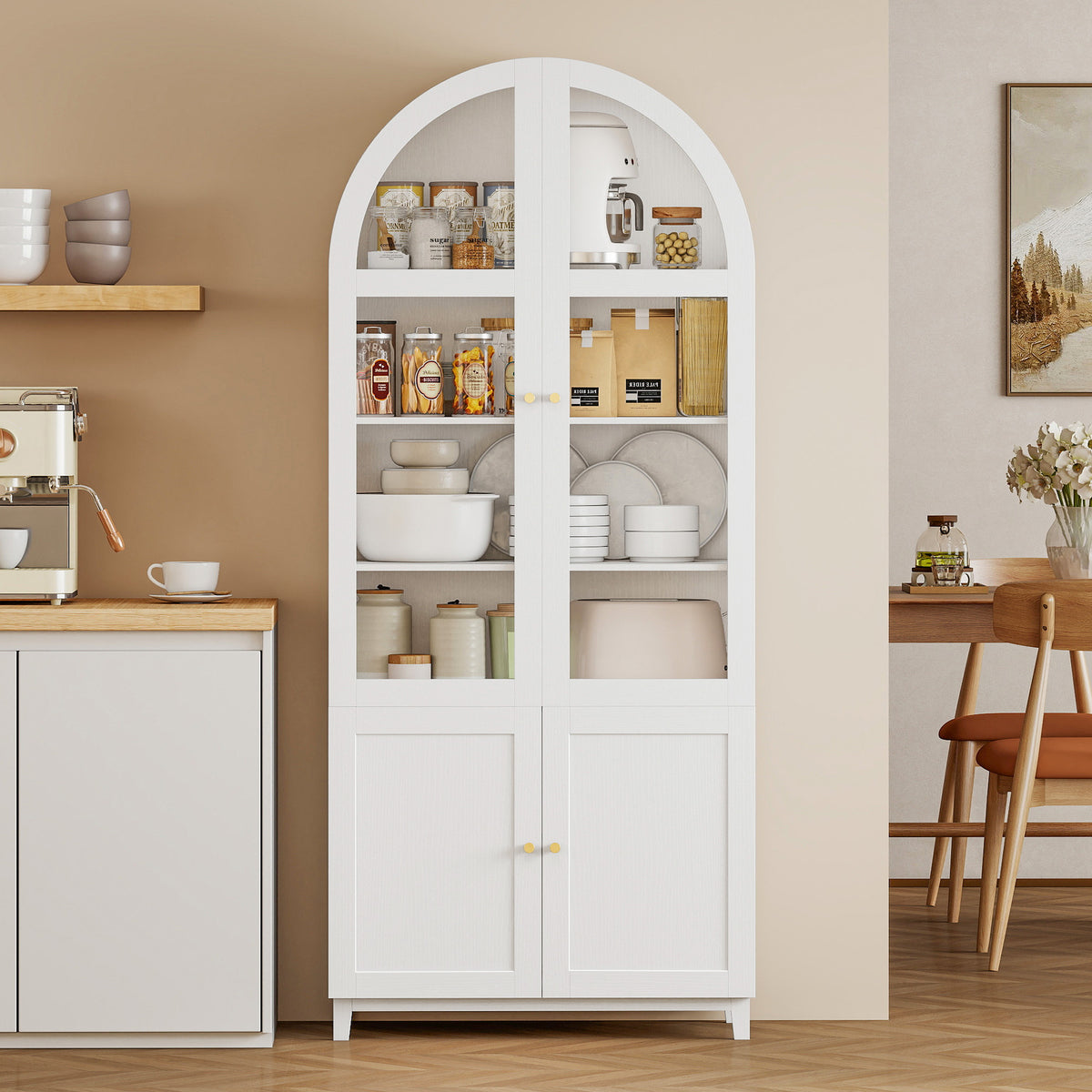 71" Tall Arched Kitchen Pantry Cabinet, Farmhouse Freestanding Kitchen Storage Cabinet with Adjustable Shelves, Acrylic Glass Doors for Living Room, Dining Room, White