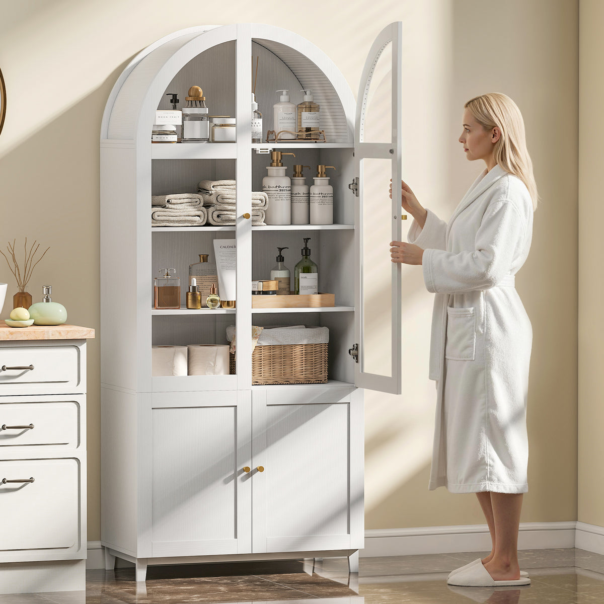 71" Tall Arched Kitchen Pantry Cabinet, Farmhouse Freestanding Kitchen Storage Cabinet with Adjustable Shelves, Acrylic Glass Doors for Living Room, Dining Room, White