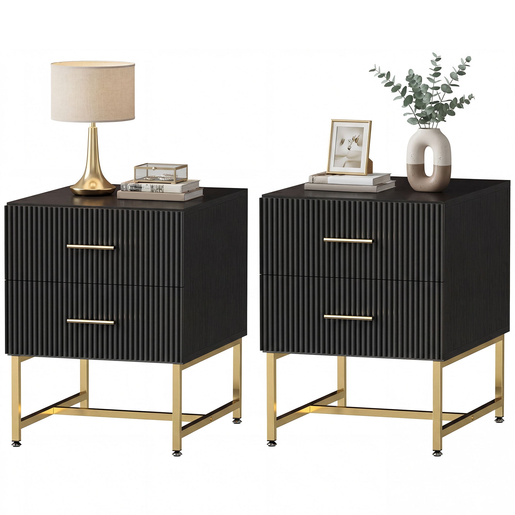 Modern Nightstands Set of 2, Bedside Tables with 2 Drawers and Fluted Panels, End Tables with Storage and Gold Legs for Bedroom, Black