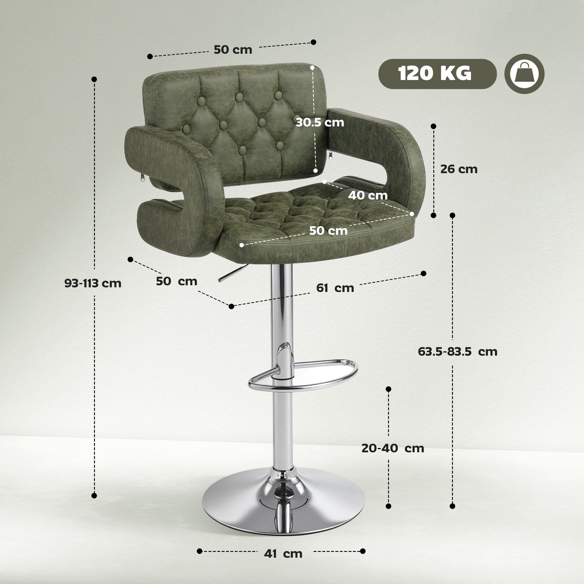 Swivel Bar Stool with Extra Large Seat, PU Leather Upholstered Adjustable Barstool with Back, Arm and Footrest, Breakfast Bar Chair for Bistro, Kitchen, Green
