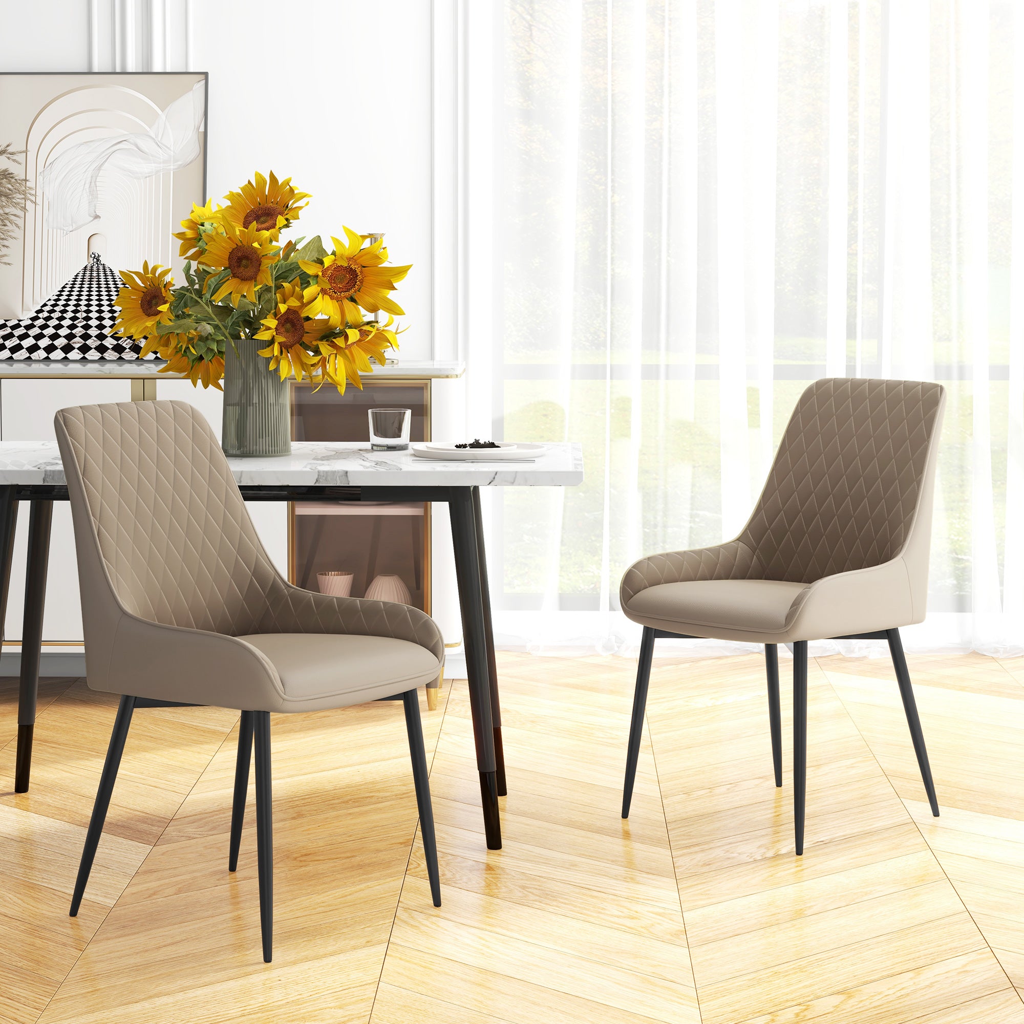 HOMCOM Dining Chairs Set of 2, Modern PU Leather Upholstered Kitchen Chairs with Diamond Tufted Backs and Steel Legs for Living Room, Dining Room, Bedroom, Khaki
