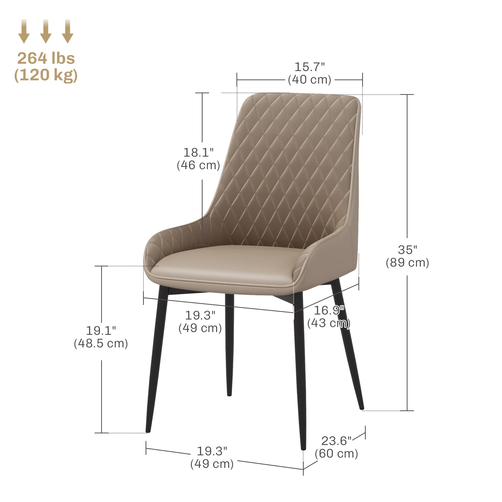 HOMCOM Dining Chairs Set of 2, Modern PU Leather Upholstered Kitchen Chairs with Diamond Tufted Backs and Steel Legs for Living Room, Dining Room, Bedroom, Khaki