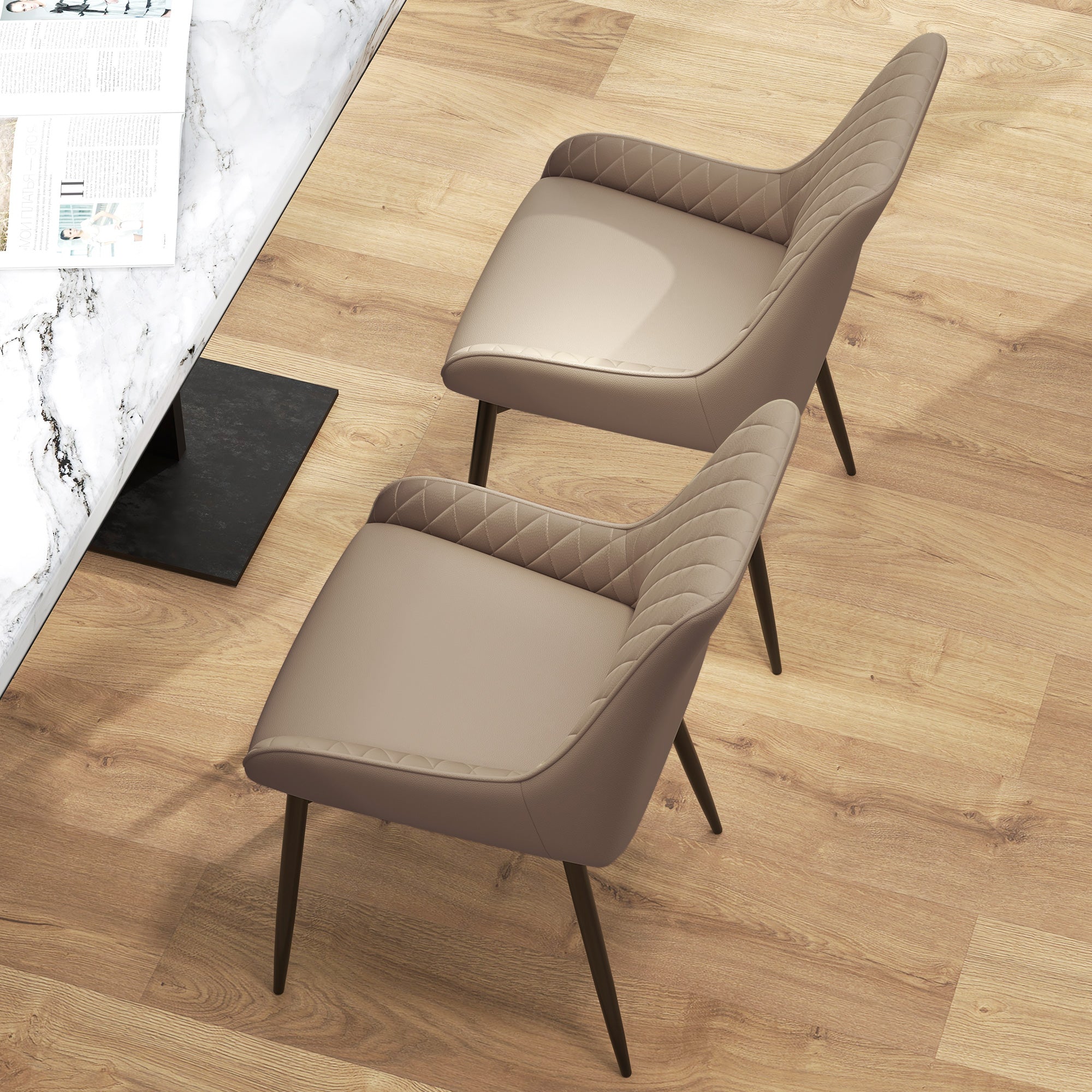HOMCOM Dining Chairs Set of 2, Modern PU Leather Upholstered Kitchen Chairs with Diamond Tufted Backs and Steel Legs for Living Room, Dining Room, Bedroom, Khaki