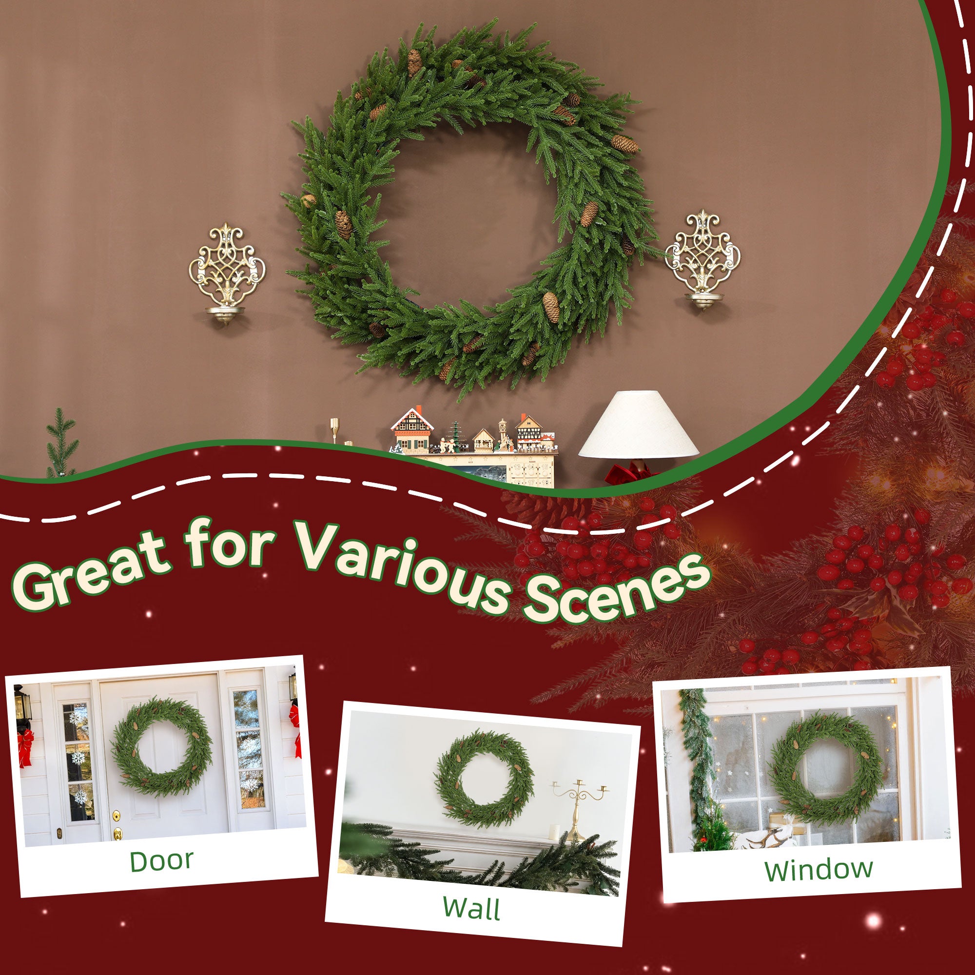 36 inch Christmas Wreath with Pine Cones, Artificial Norfolk Pine Wreath with 224 Realistic Branches for Door, Wall, Window, Indoor Decoration, Green