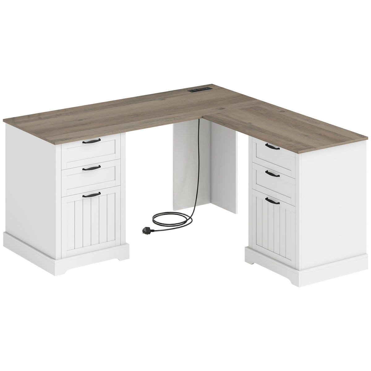 L Shaped Computer Desk with Power Outlets & USB Charging, Corner Desk with 6 Drawers, Hanging Bar for A4 and Letter Size, Study and Home Office, Brown and White