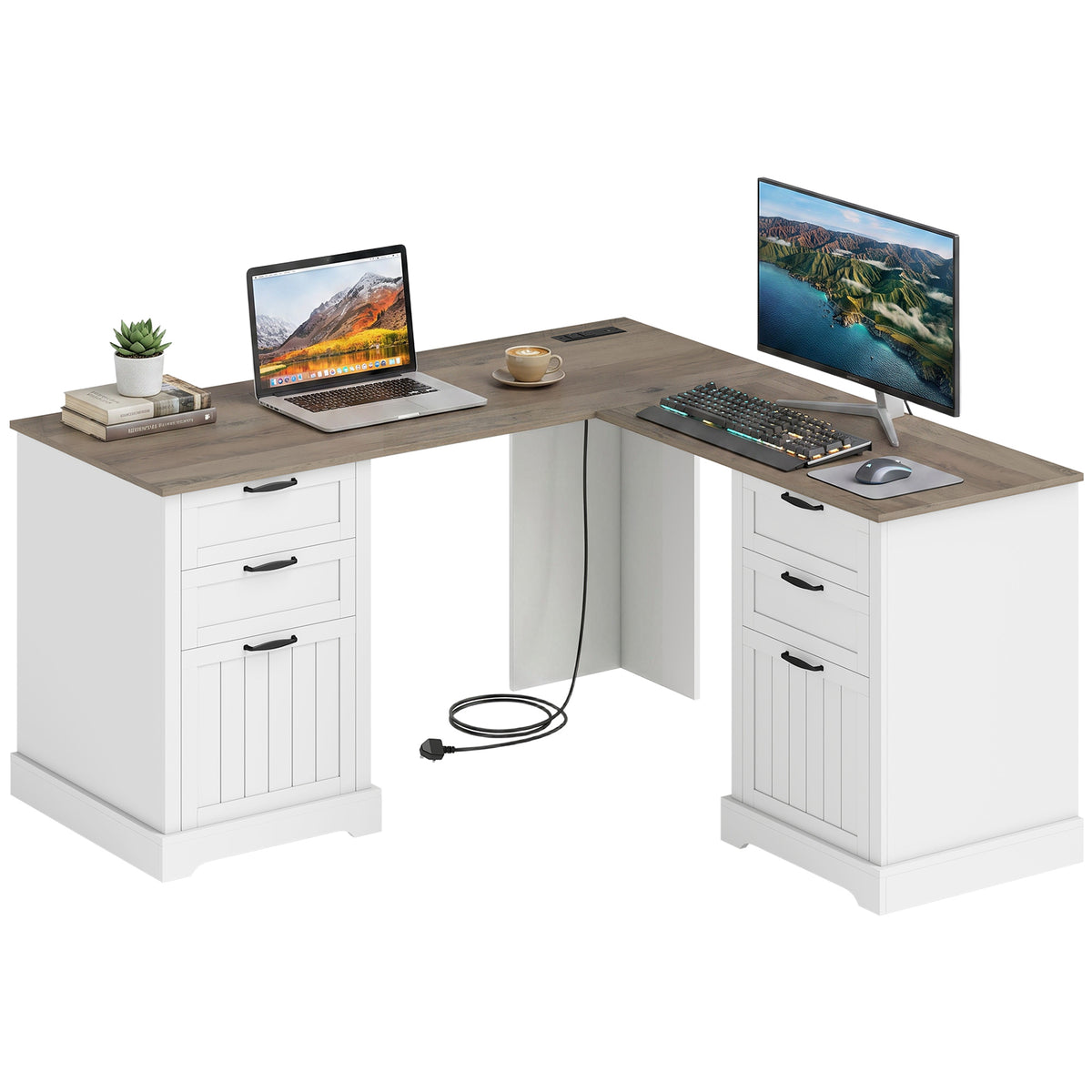 L Shaped Computer Desk with Power Outlets & USB Charging, Corner Desk with 6 Drawers, Hanging Bar for A4 and Letter Size, Study and Home Office, Brown and White