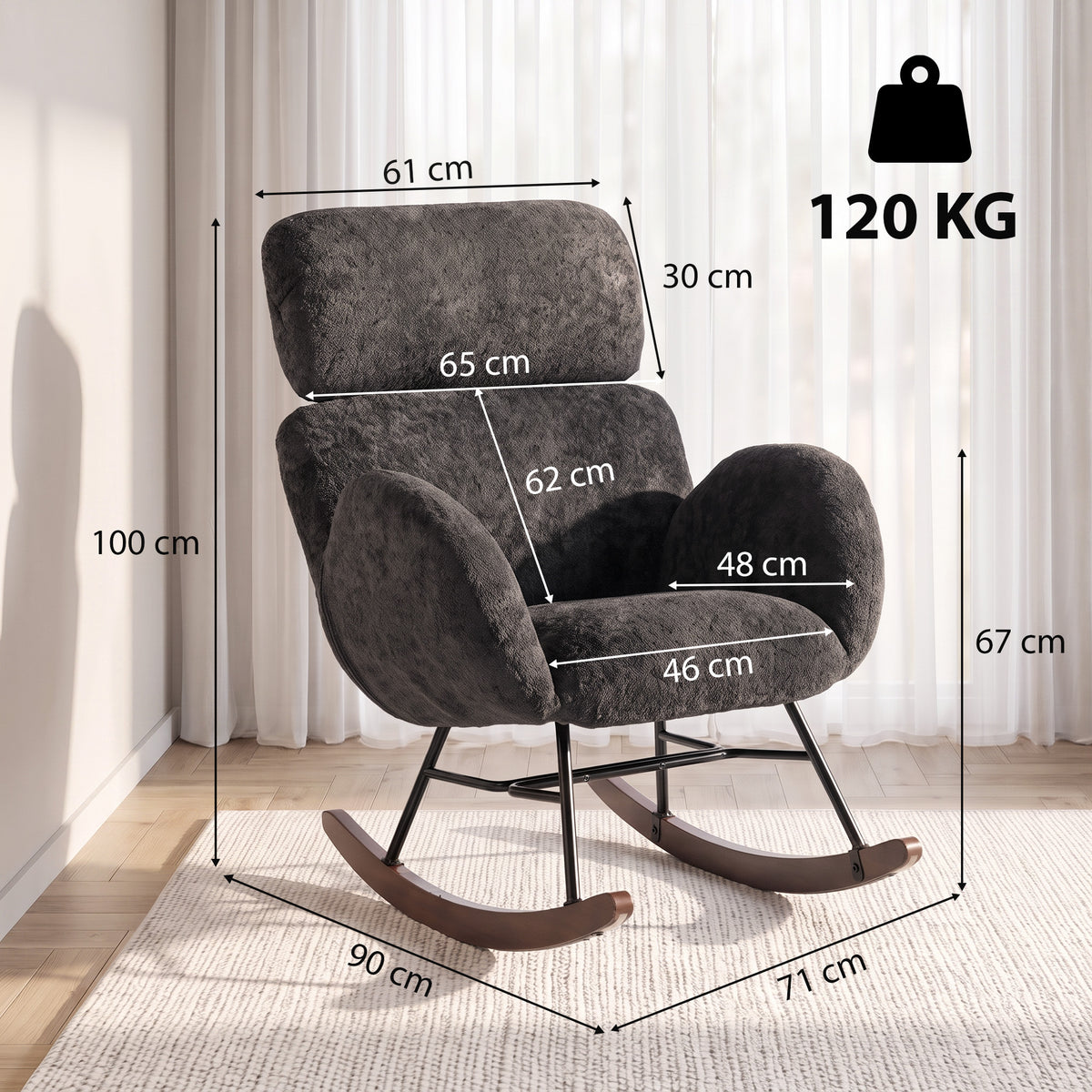 Rocking Chair with Adjustable Headrest, Modern Velvet Upholstered Rocker Chair, Steel Frame and Rubberwood Legs, Foam Padded Armrests, Wide Seat for Living Room, Bedroom, Study, Dark Grey