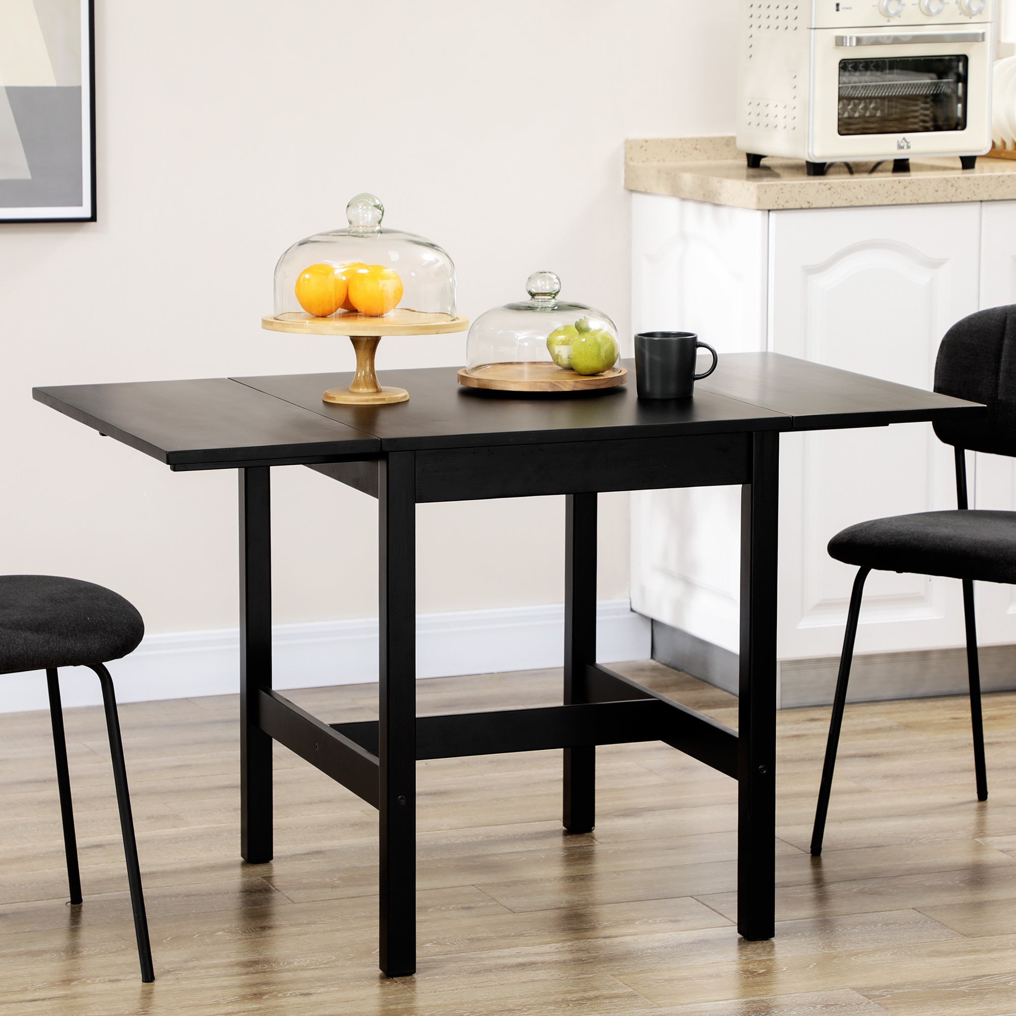 Folding Dining Table with Solid Wood Frame, Collapsible Drop Leaf Table for Small Spaces, Extendable Kitchen Table, Black