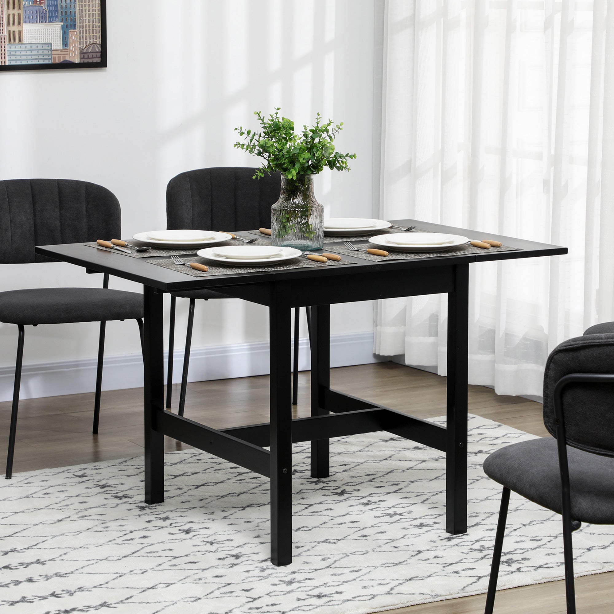 Folding Dining Table with Solid Wood Frame, Collapsible Drop Leaf Table for Small Spaces, Extendable Kitchen Table, Black