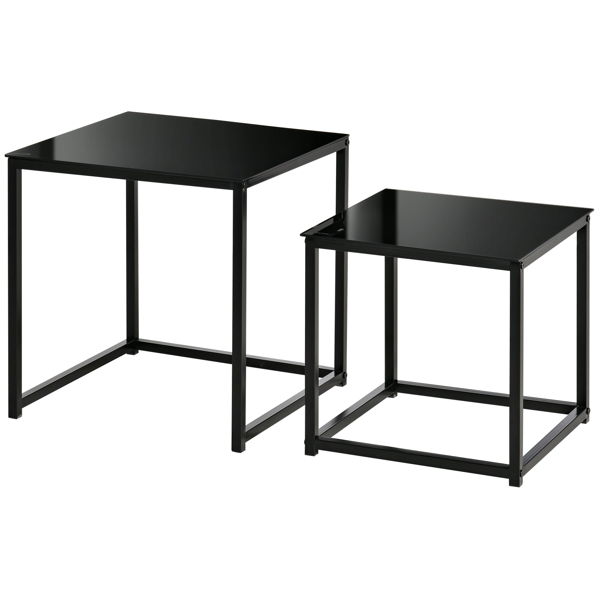 HOMCOM Nest of Tables, Set of 2 Coffee Table, Side Tables with Tempered Glass Desktop and Metal Frame for Living Room, Bedroom, Office, Black