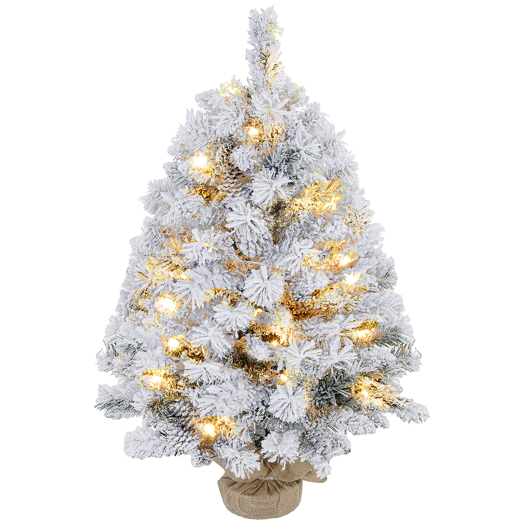 HOMCOM 3ft Prelit Artificial Christmas Tree with Warm White LED Light and 133 Tips, Concrete Base, Flocked Xmas Tree with Pine Cones, Green