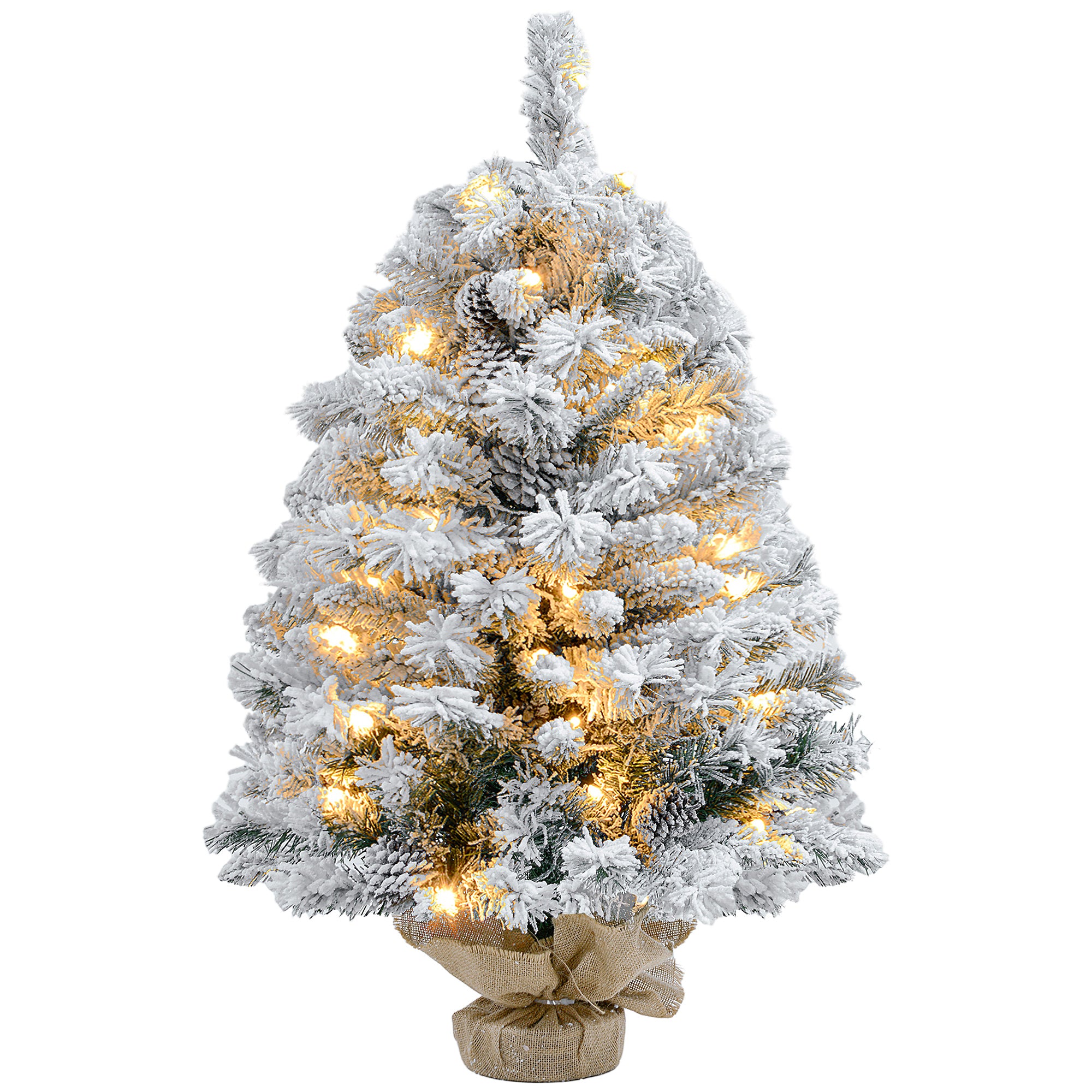 HOMCOM 3ft Prelit Artificial Christmas Tree with Warm White LED Light and 133 Tips, Concrete Base, Flocked Xmas Tree with Pine Cones, Green