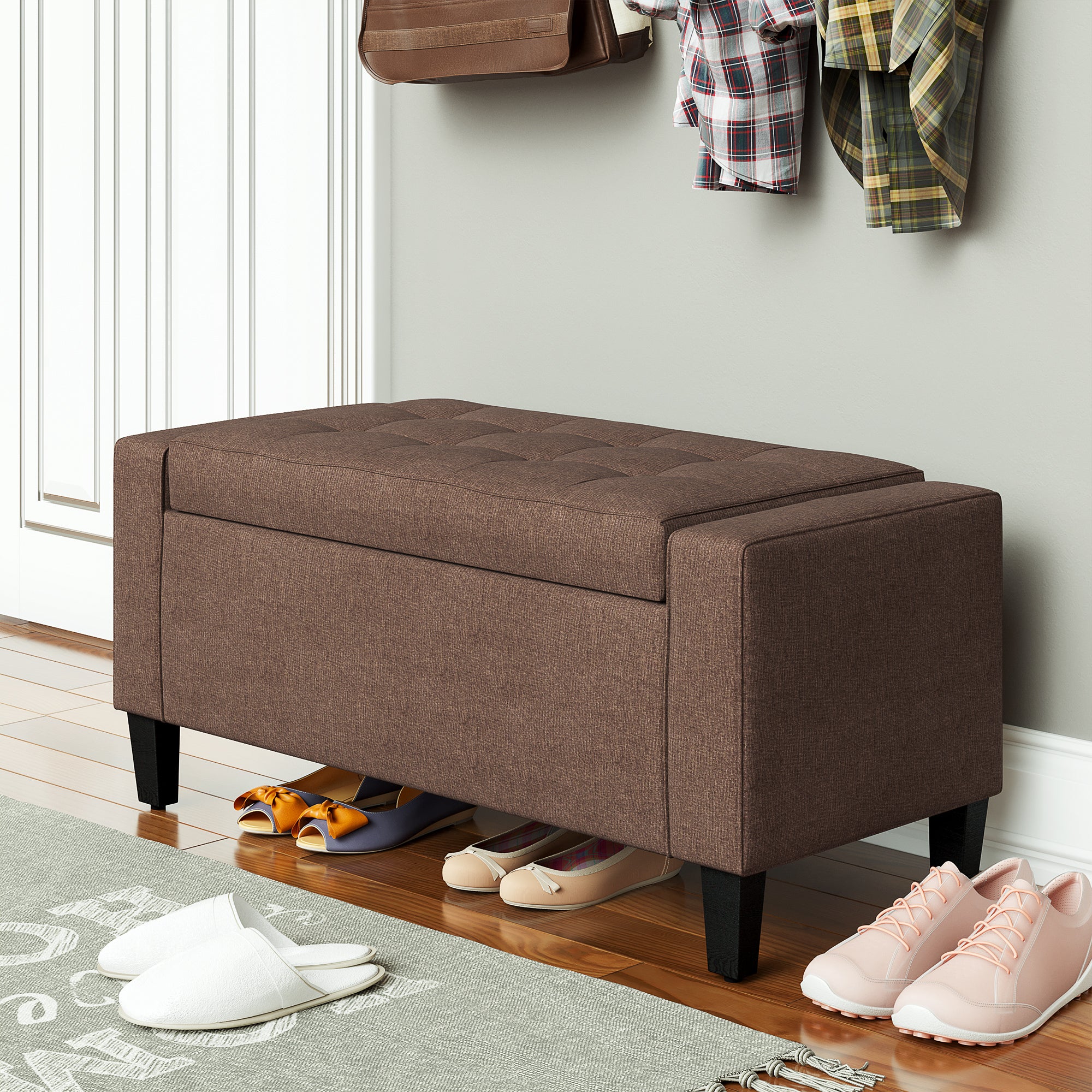 Storage Ottoman, Linen Upholstered Storage Bench with Lift Top and Button Tufted for Living Room, Dark Brown