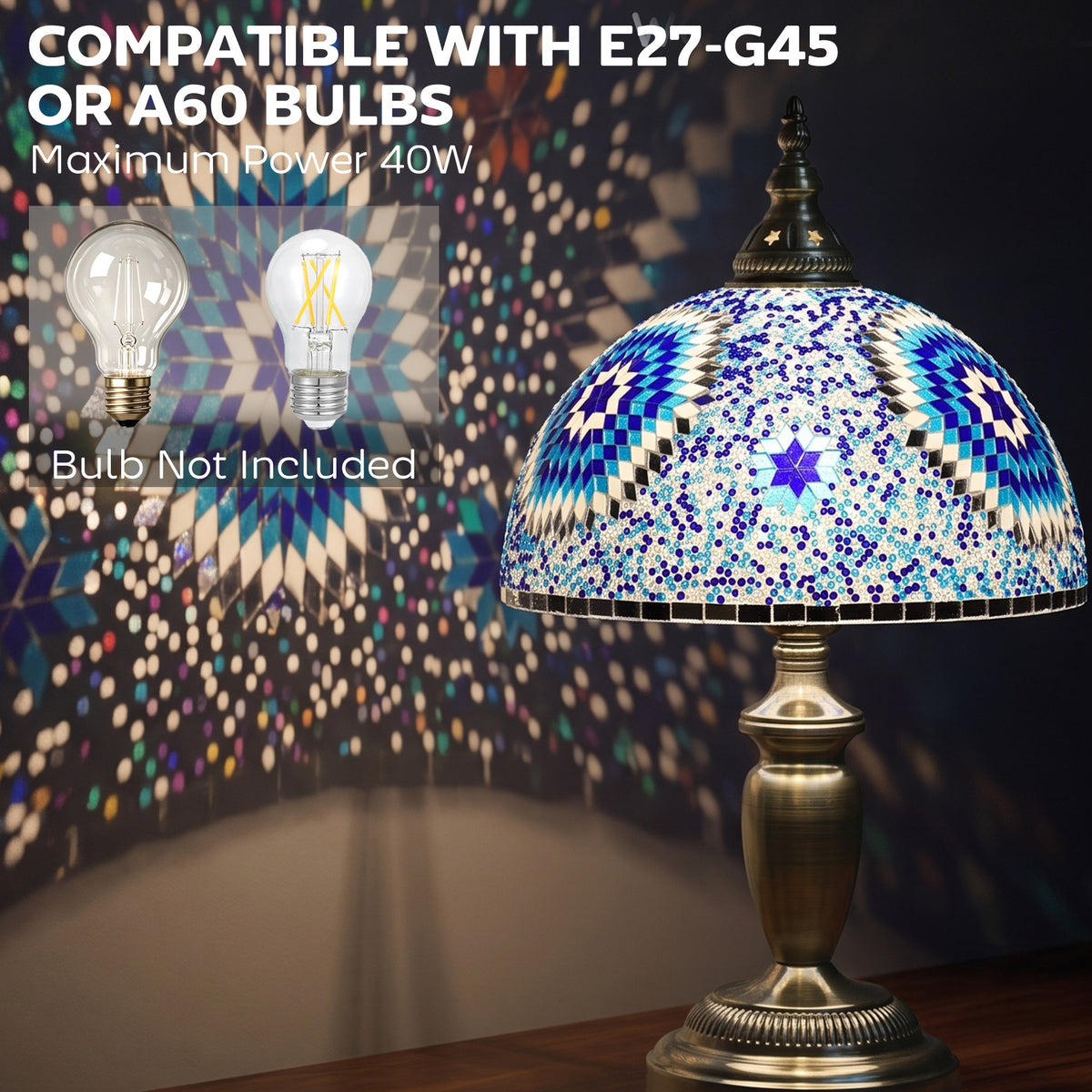 Tiffany Lamp, Stained Glass Bedside Table Lamp with Button Switch and Metal Base for Bedroom, Study and Living Room, 12 x 12 x 20 Inches, Blue