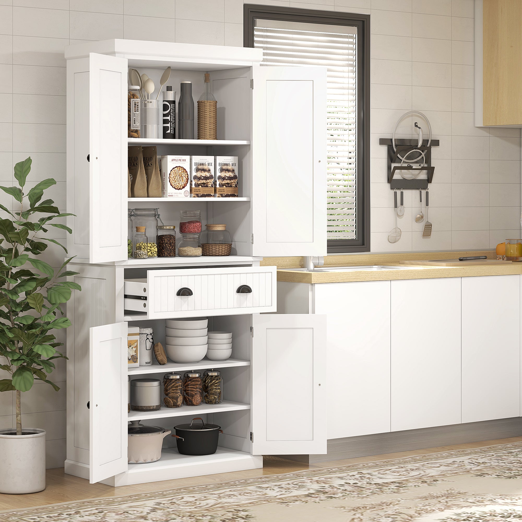 183 cm Tall Kitchen Cabinet, Freestanding Storage Cabinet with 4 Doors, Drawer and Adjustable Shelves, Kitchen Cupboard for Dining Room, White