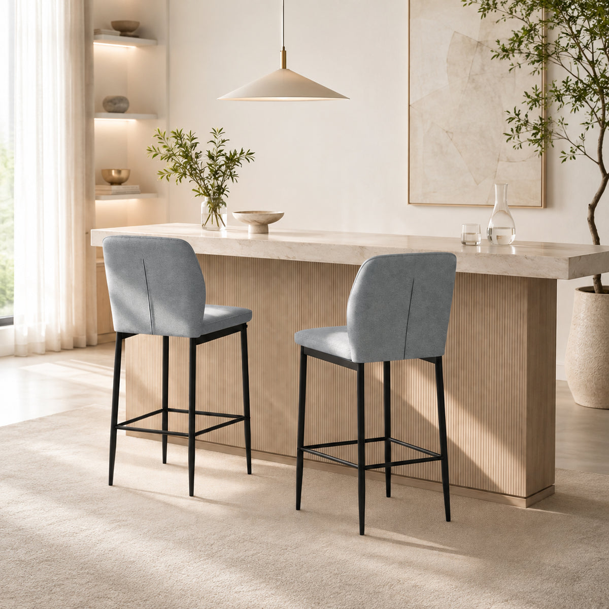 Set of 2 Velvet Bar Stools, Modern Tall Barstools with Footrest and Backrest for Kitchen Counter, Breakfast Bar, Grey