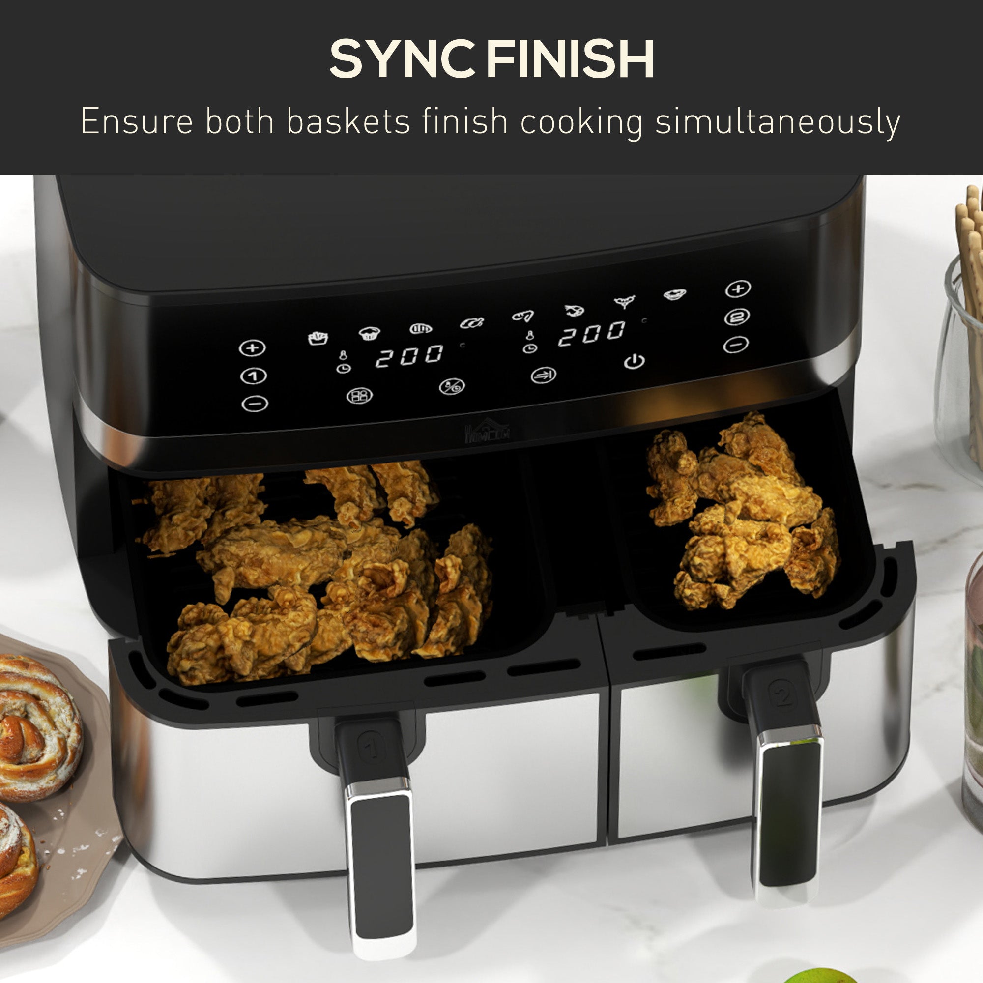 HOMCOM Dual Air Fryer, 8.5L Family Size Double Air Fryer Oven with 8-In-1 Presets, Smart Finish, Digital Display, Recipe, Timer for Oil Free & Low Fat Healthy Cooking, 2700W