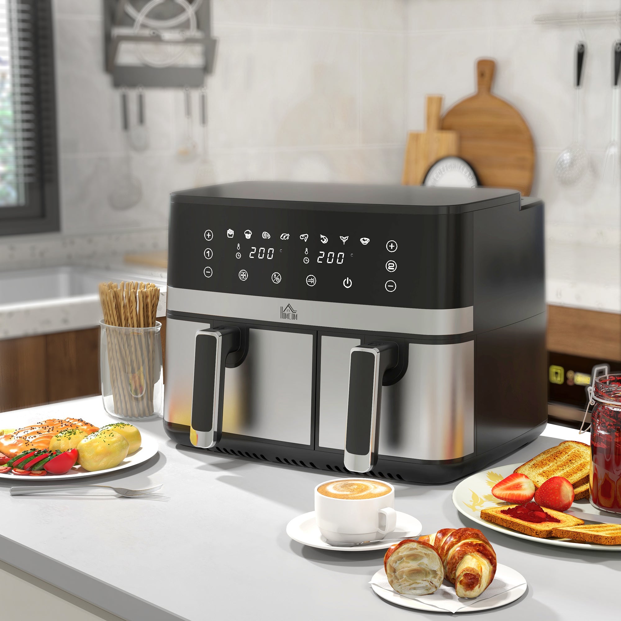 HOMCOM Dual Air Fryer, 8.5L Family Size Double Air Fryer Oven with 8-In-1 Presets, Smart Finish, Digital Display, Recipe, Timer for Oil Free & Low Fat Healthy Cooking, 2700W