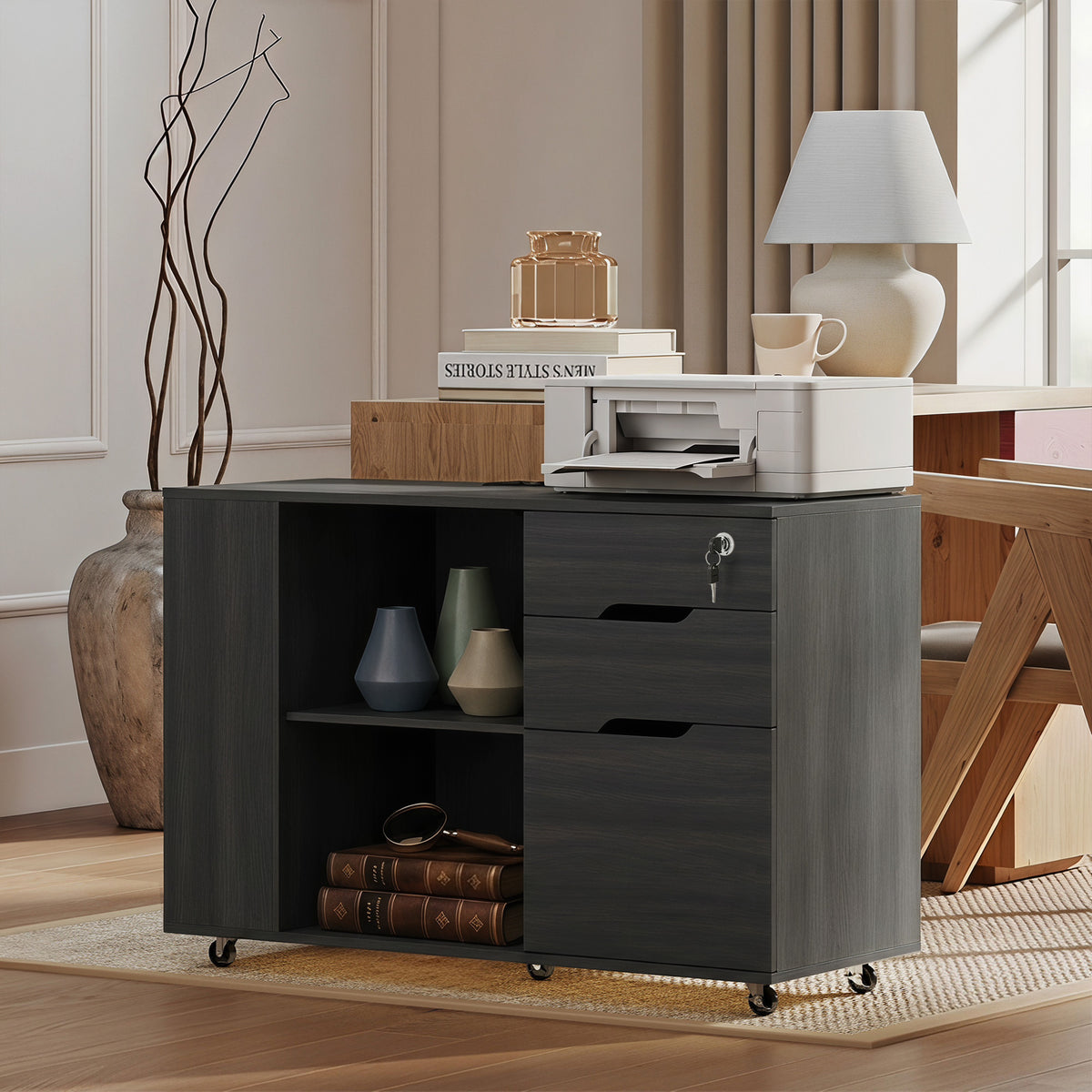 Lateral File Cabinet with Power Outlets, Drawers, Mobile Filing Cabinets, Cubbies, Shelves, Home Office Printer Stand, for A4, Letter Files, Home Office, Black Wood Grain