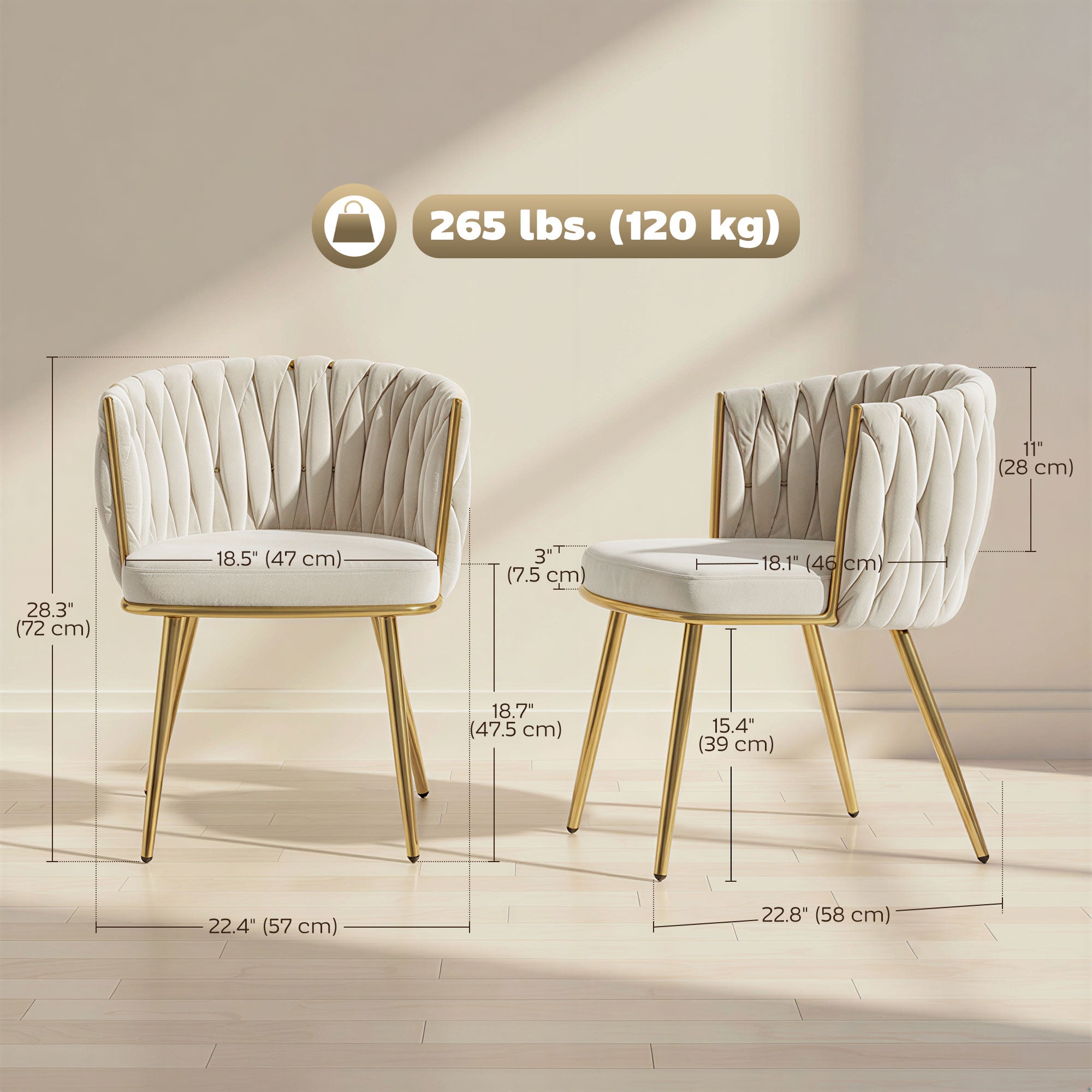 Modern Dining Chairs Set of 2, Velvet-Feel Upholstered Kitchen Chairs with Woven Backrest and Armrests, Metal Legs and Padded Seat for Dining Room, Living Room, Cream White