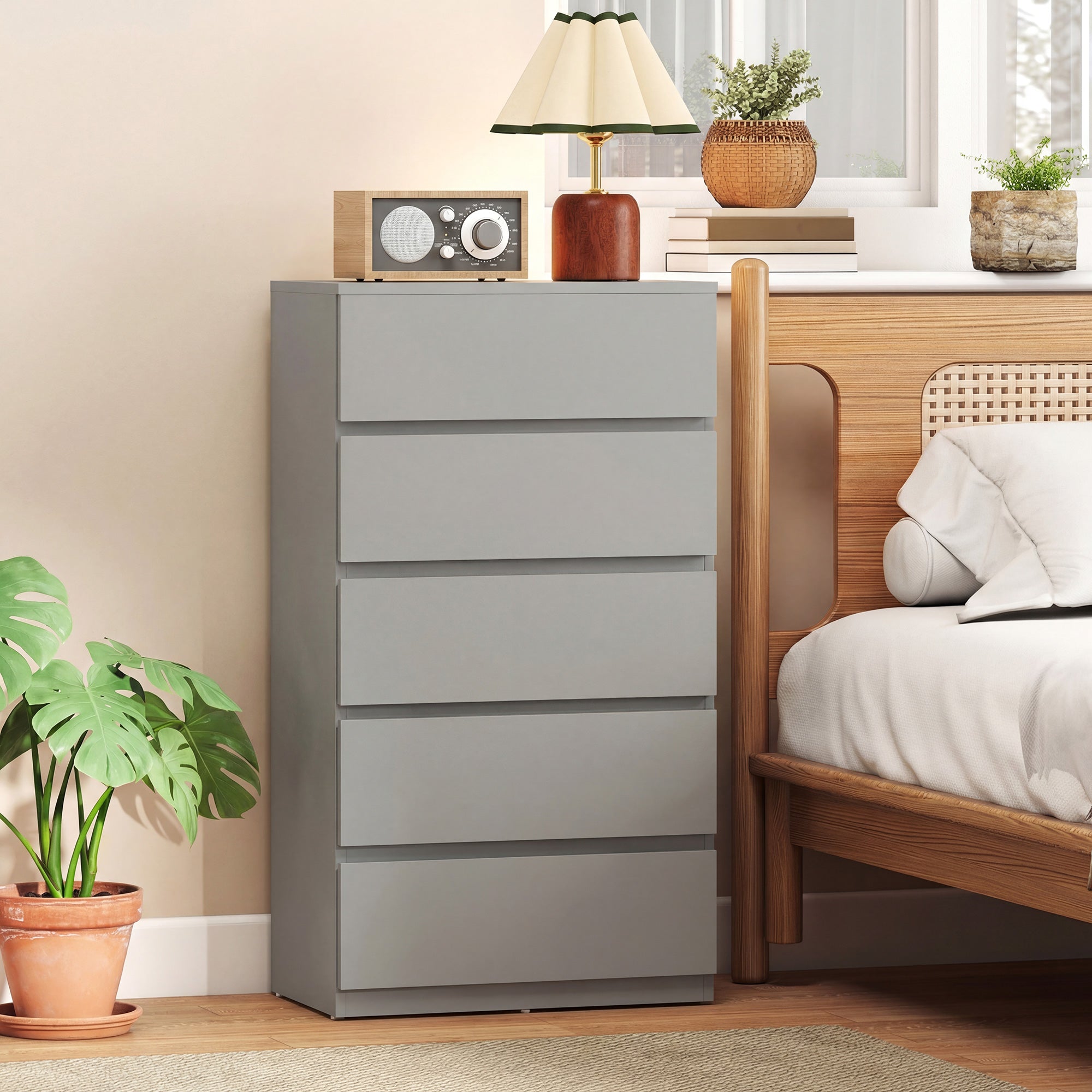 Chest of Drawers, 5 Drawers Storage Cabinet Floor Tower Cupboard for Bedroom Living Room, Grey