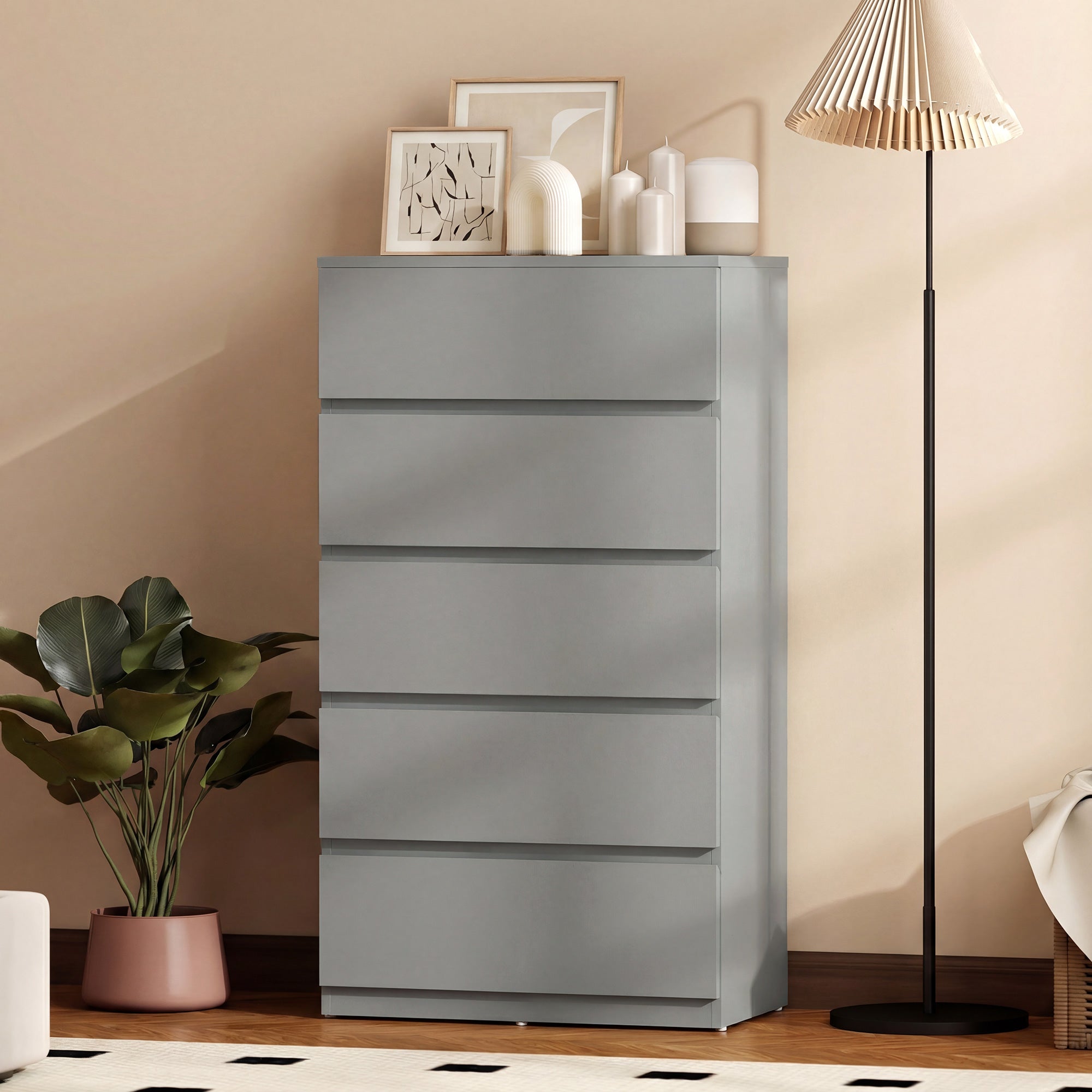 Chest of Drawers, 5 Drawers Storage Cabinet Floor Tower Cupboard for Bedroom Living Room, Grey