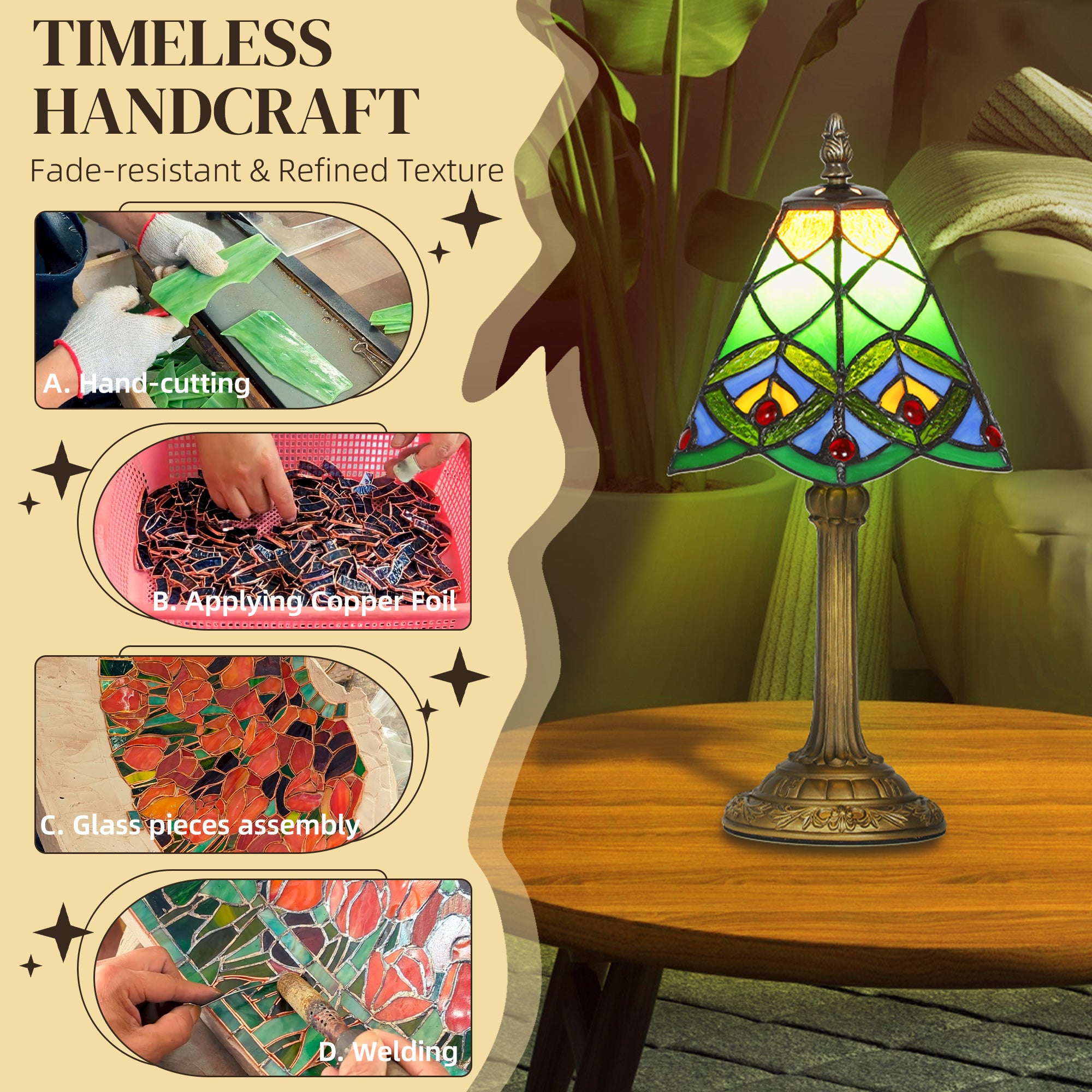 Tiffany-Style Table Lamp with Geometric Patterns, Handcrafted Antique Stained Glass Bedside Lamp for Living Room and Bedroom, E27 Socket, Green