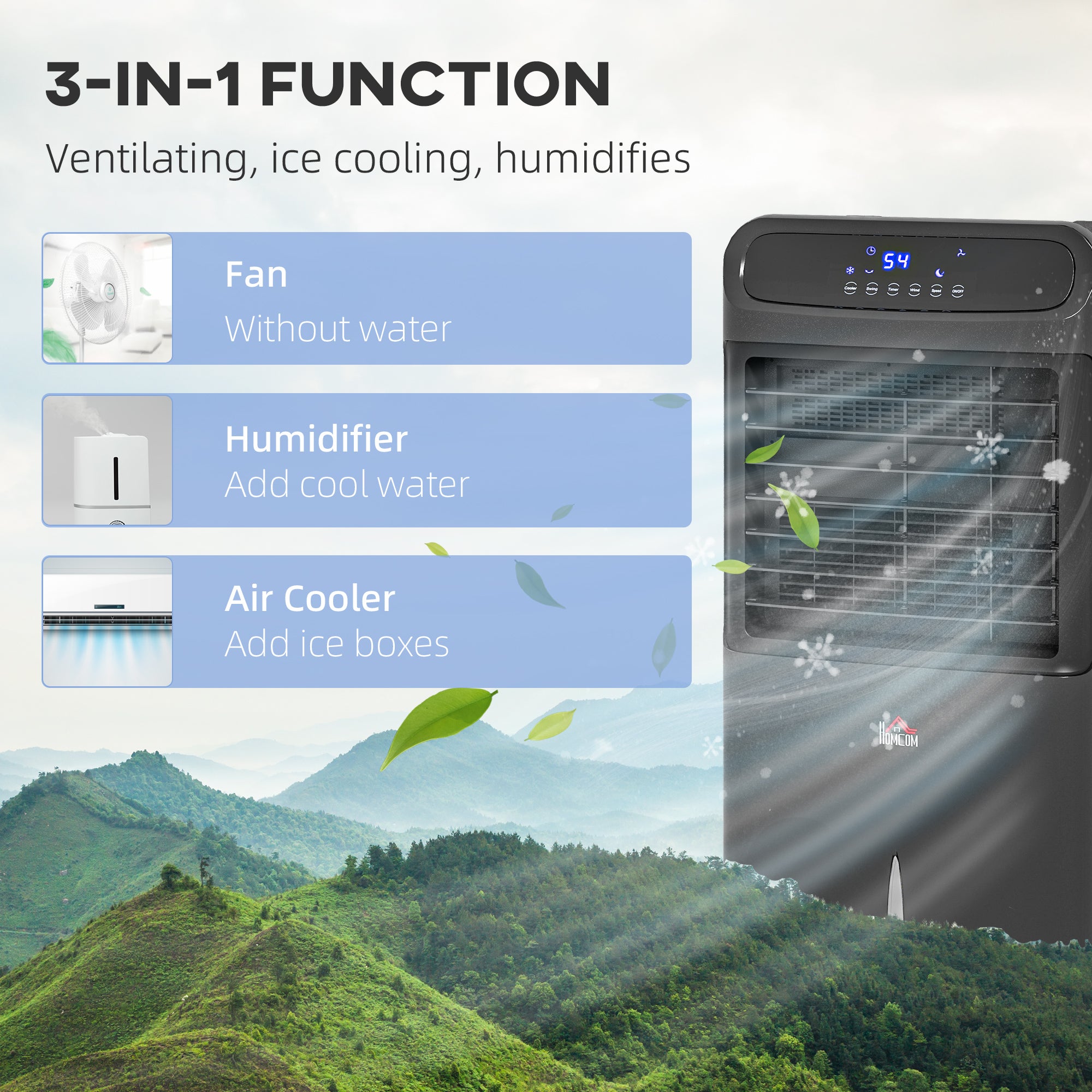 3-In-1 Ice Cooling Fan, Mobile Evaporative Air Cooler with Remote, Timer, Oscillating for Home Office, Bedroom, Black - HOMCOM