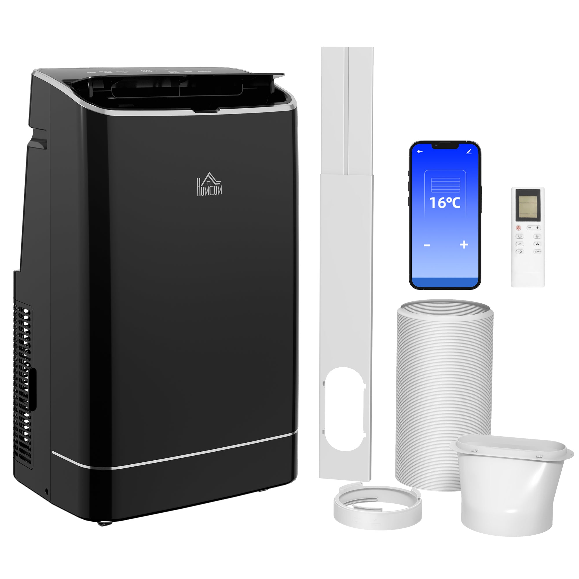 HOMCOM 14000 BTU Portable Air Conditioner, Smart Home WiFi Compatible, 4 in 1 Dehumidifier Cooler Fan, with Sleep Mode, Remote, 24H Timer, Window Venting Kit, An Energy Efficiency, Black, 35m²