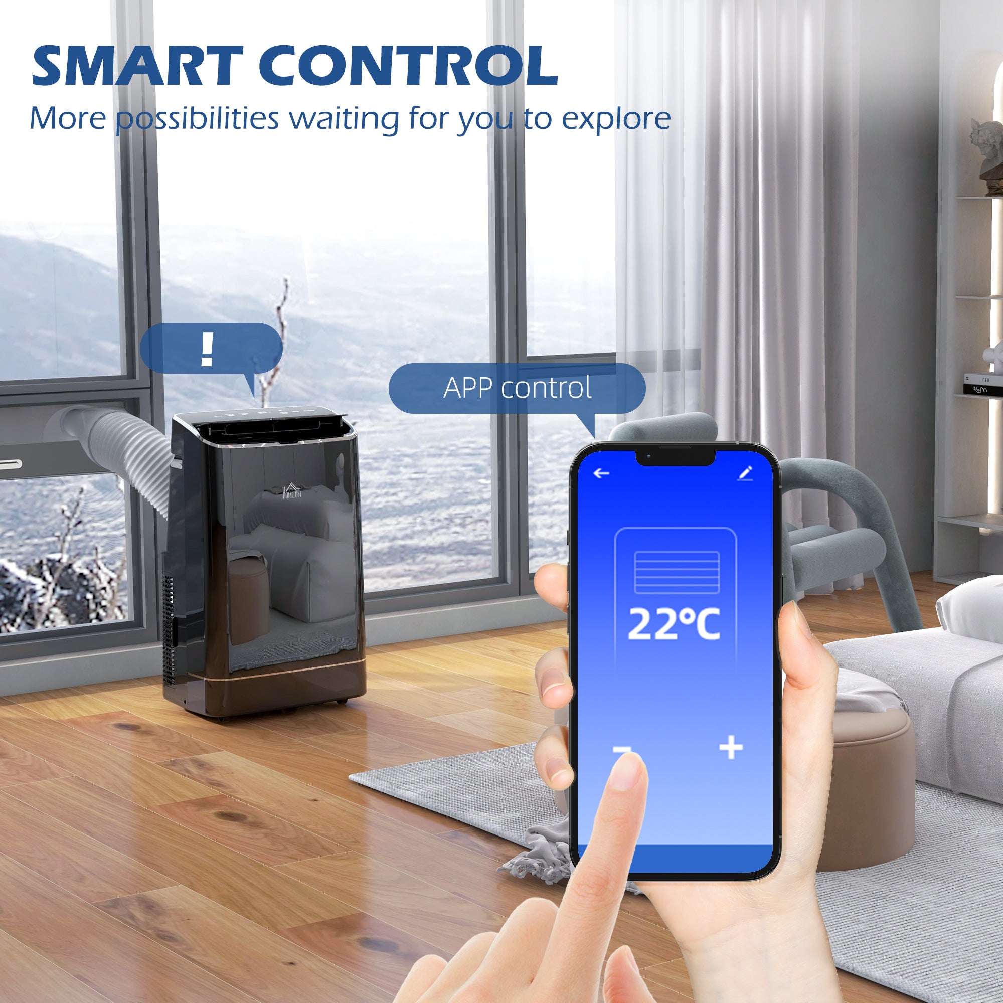 HOMCOM 14000 BTU Portable Air Conditioner, Smart Home WiFi Compatible, 4 in 1 Dehumidifier Cooler Fan, with Sleep Mode, Remote, 24H Timer, Window Venting Kit, An Energy Efficiency, Black, 35m²