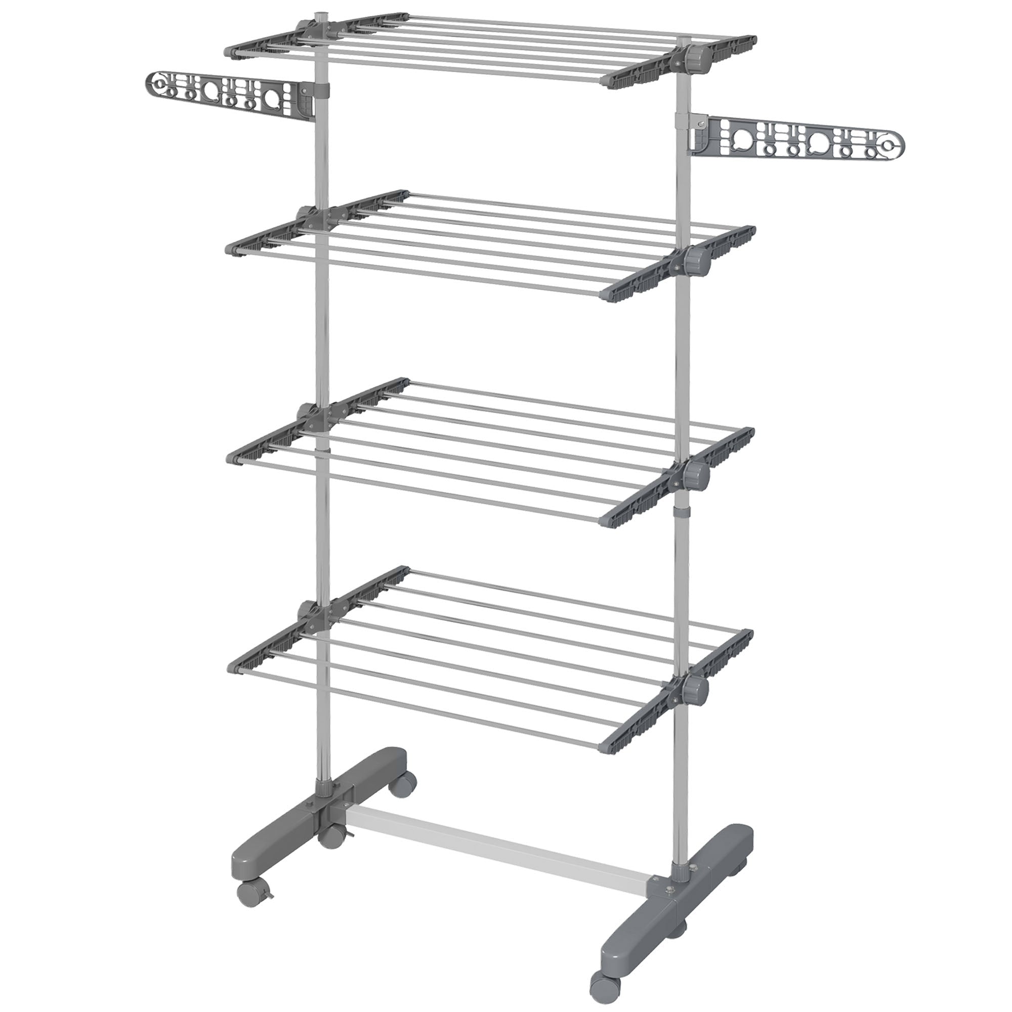 HOMCOM 4-Tier Clothes Drying Rack, Stainless Steel Laundry Rack with 2 Side Wings and 6 Castors, Collapsible Adjustable Clothes Airer for Indoor Outdoor, Grey