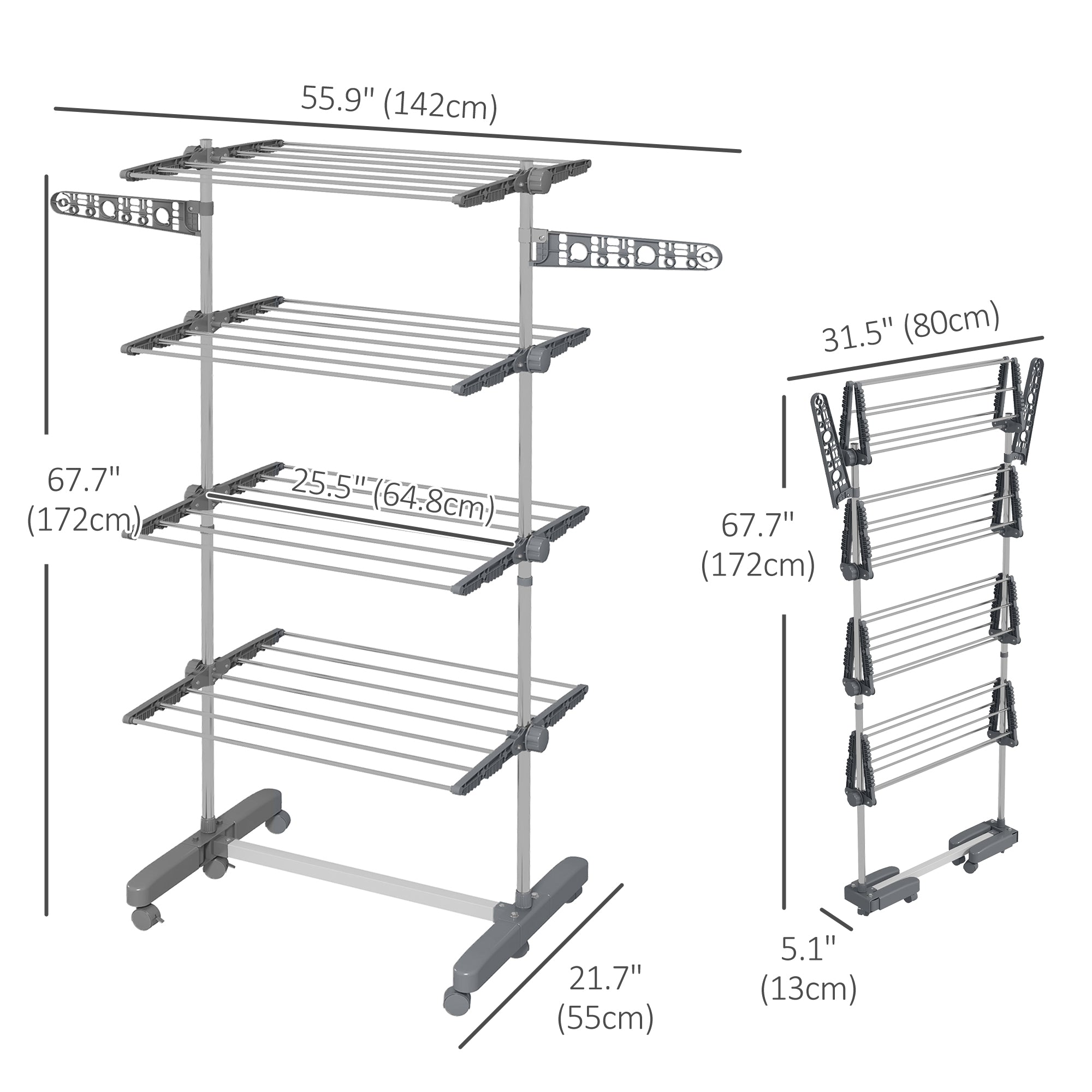 HOMCOM 4-Tier Clothes Drying Rack, Stainless Steel Laundry Rack with 2 Side Wings and 6 Castors, Collapsible Adjustable Clothes Airer for Indoor Outdoor, Grey