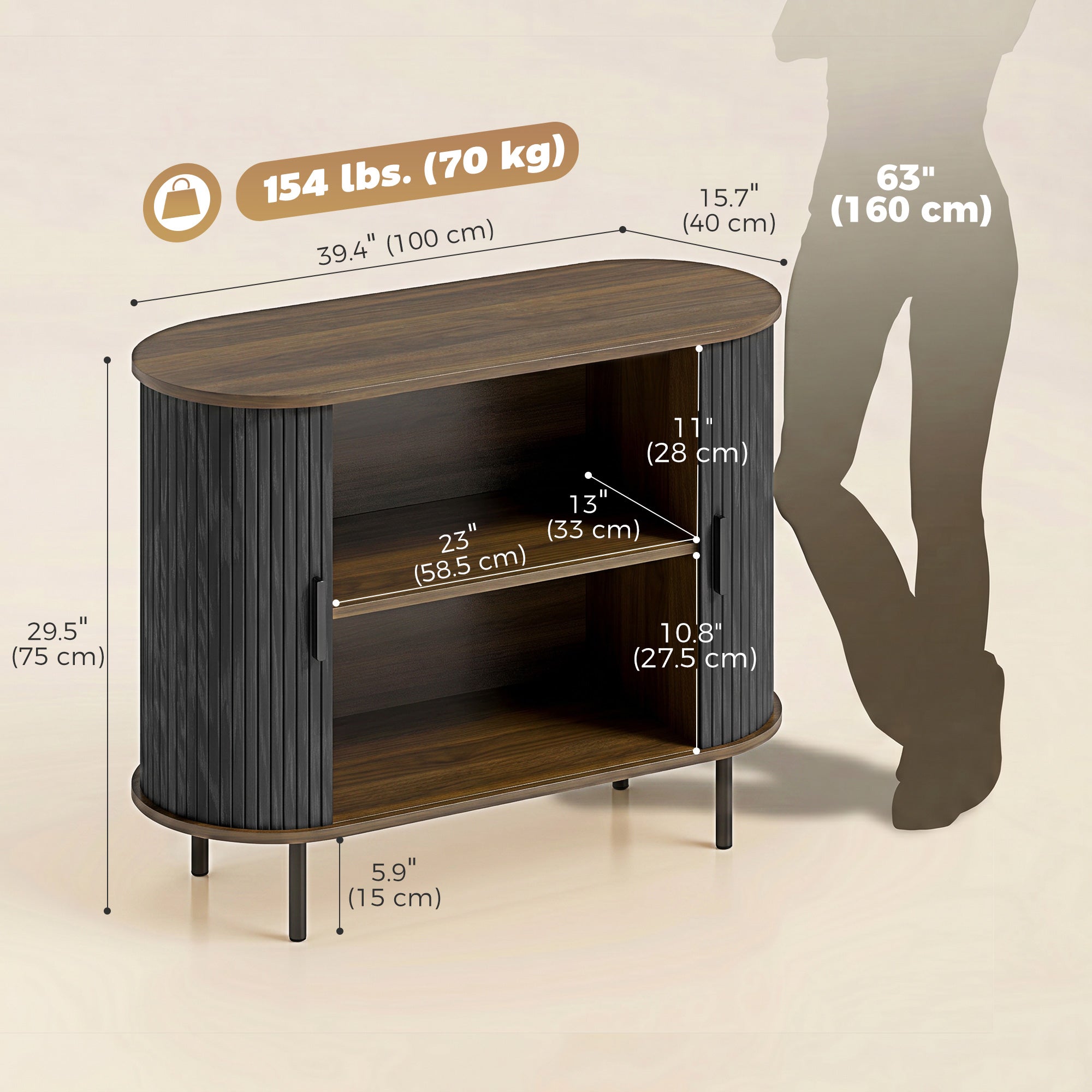 Sideboard Buffet Cabinet with Curved Tambour Doors, 39.4" Farmhouse Coffee Bar Cabinet with Shelves and Side Slots, Brown Wood Grain and Black