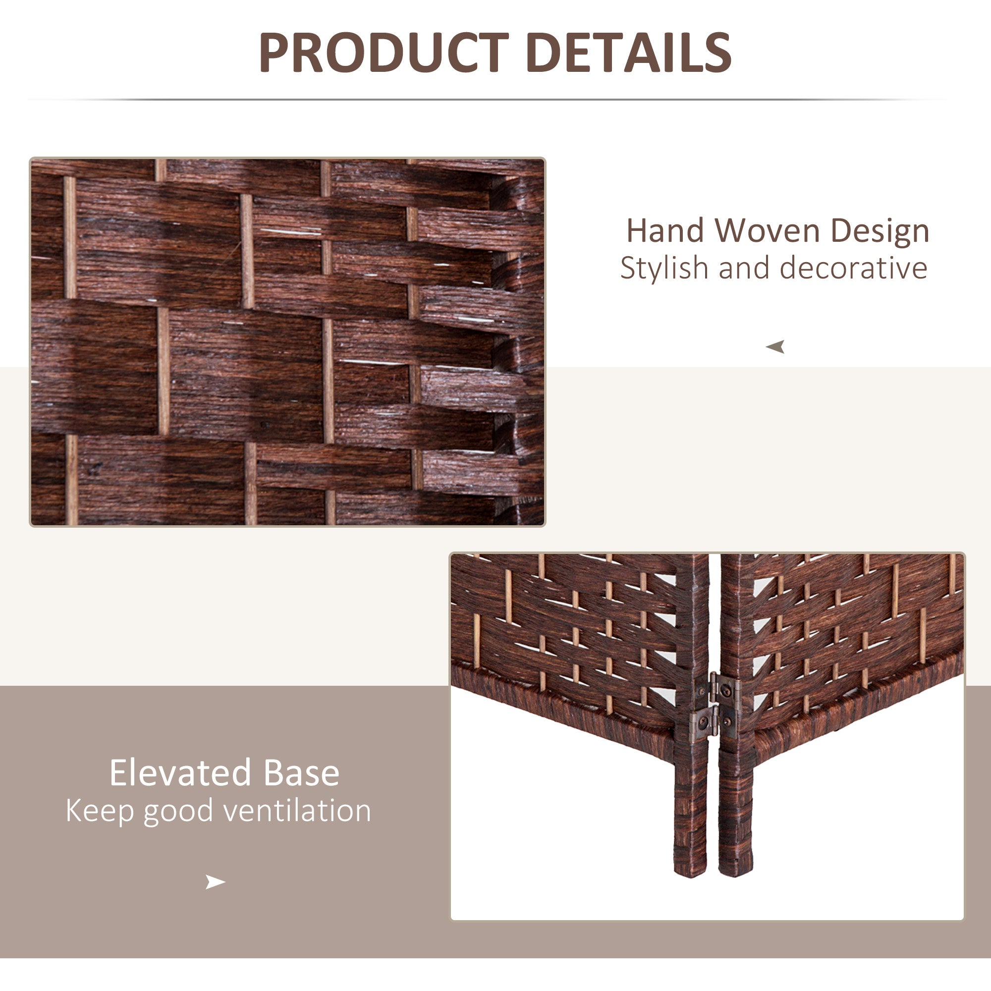 HOMCOM 4 Panels Room Divider, 6 Ft Tall Indoor Portable Folding Privacy Screens, Hand-Woven Double Hinged Freestanding Partition Wall Divider for Home Office, Brown