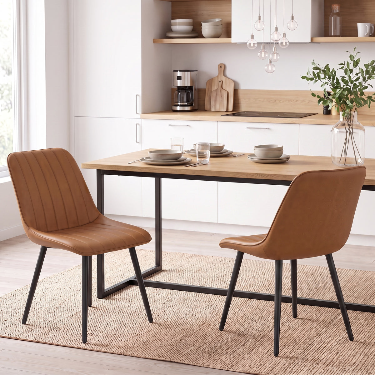 Modern Dining Chairs Set of 2, Curved Faux Leather Upholstered Kitchen Chairs with Metal Legs for Dining Room, Kitchen, Living Room, Brown