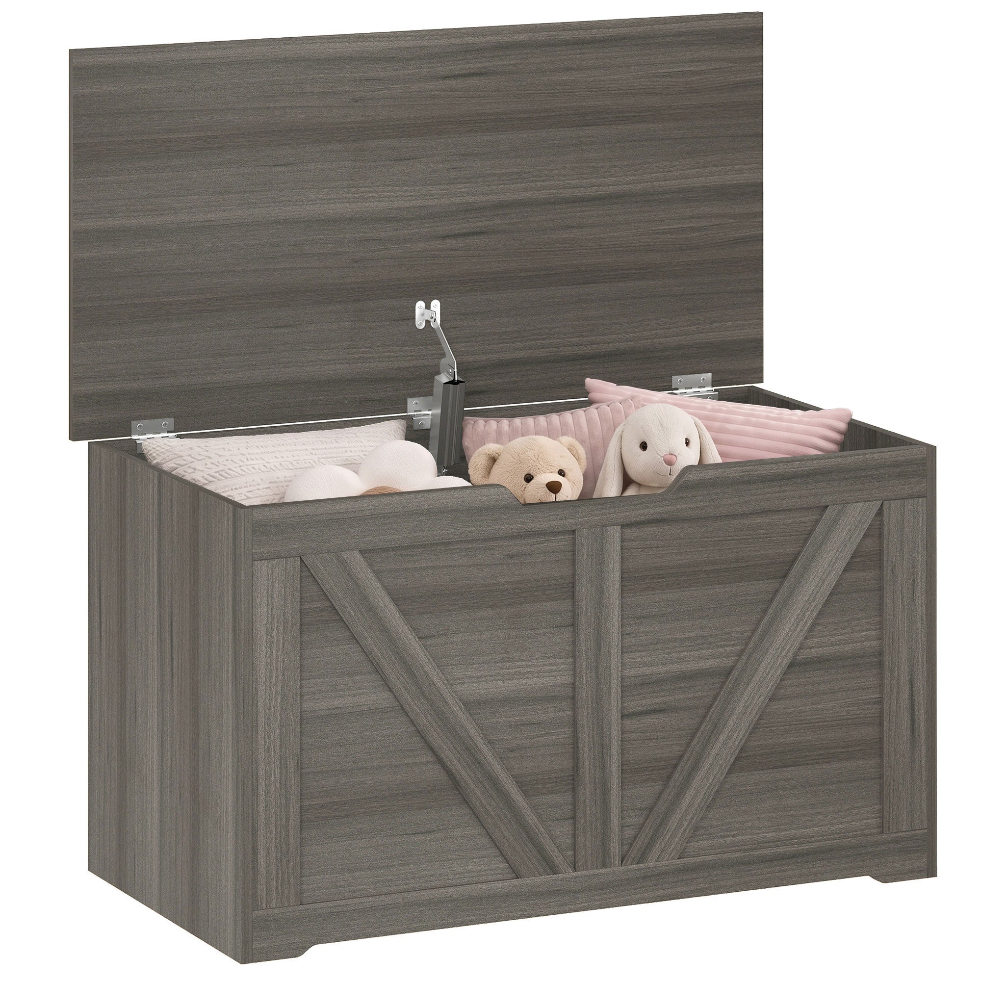 100L Storage Chest, Shoe Storage Trunk Bench Box with Safety Hinge and U-shaped Cut-out Pull, Blanket Box Ottoman for Bedroom, Living Room, Entryway, 80 x 40 x 45 cm, Dark Grey Wood-Effect