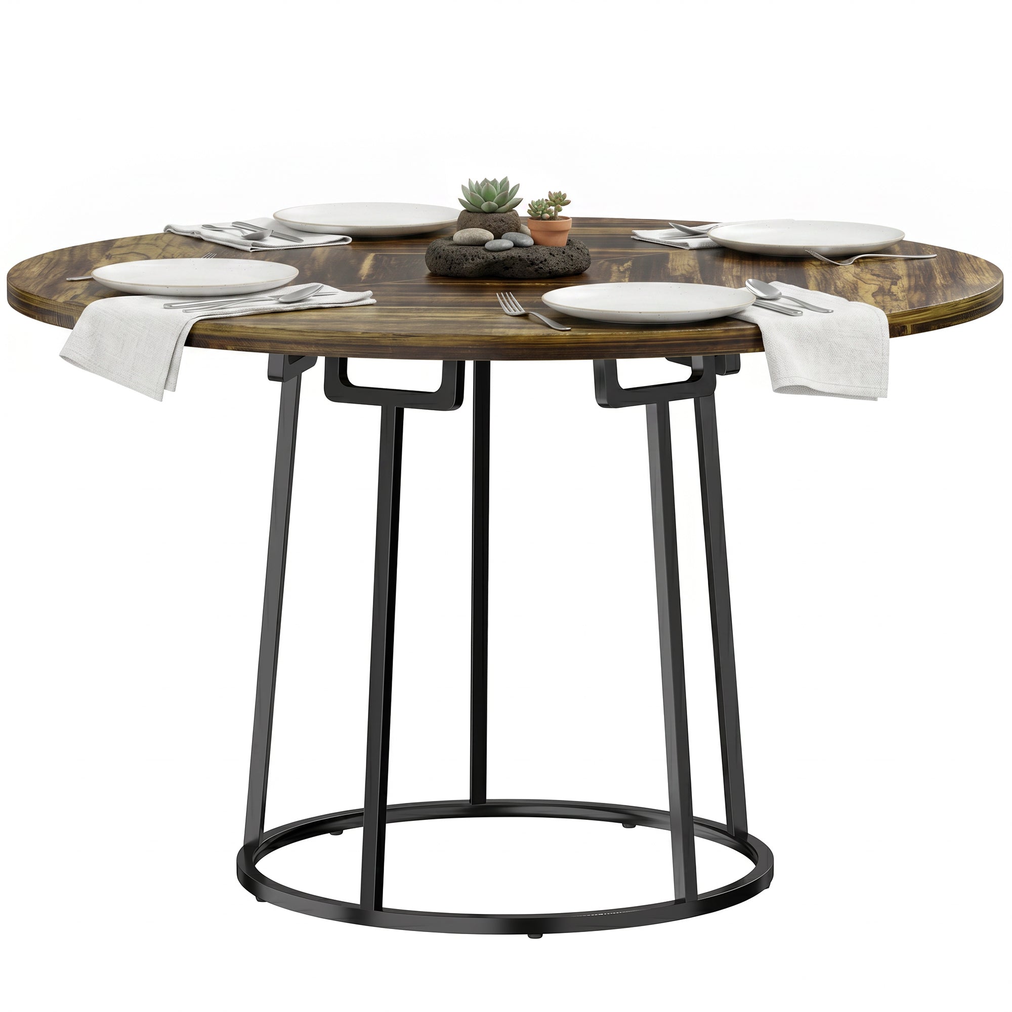 Modern Industrial Dining Table for 4-6 People, 120 cm Round Kitchen Table with Spliced Top and Conical Metal Base for Dining Room, Kitchen, Living Room, Rustic Brown