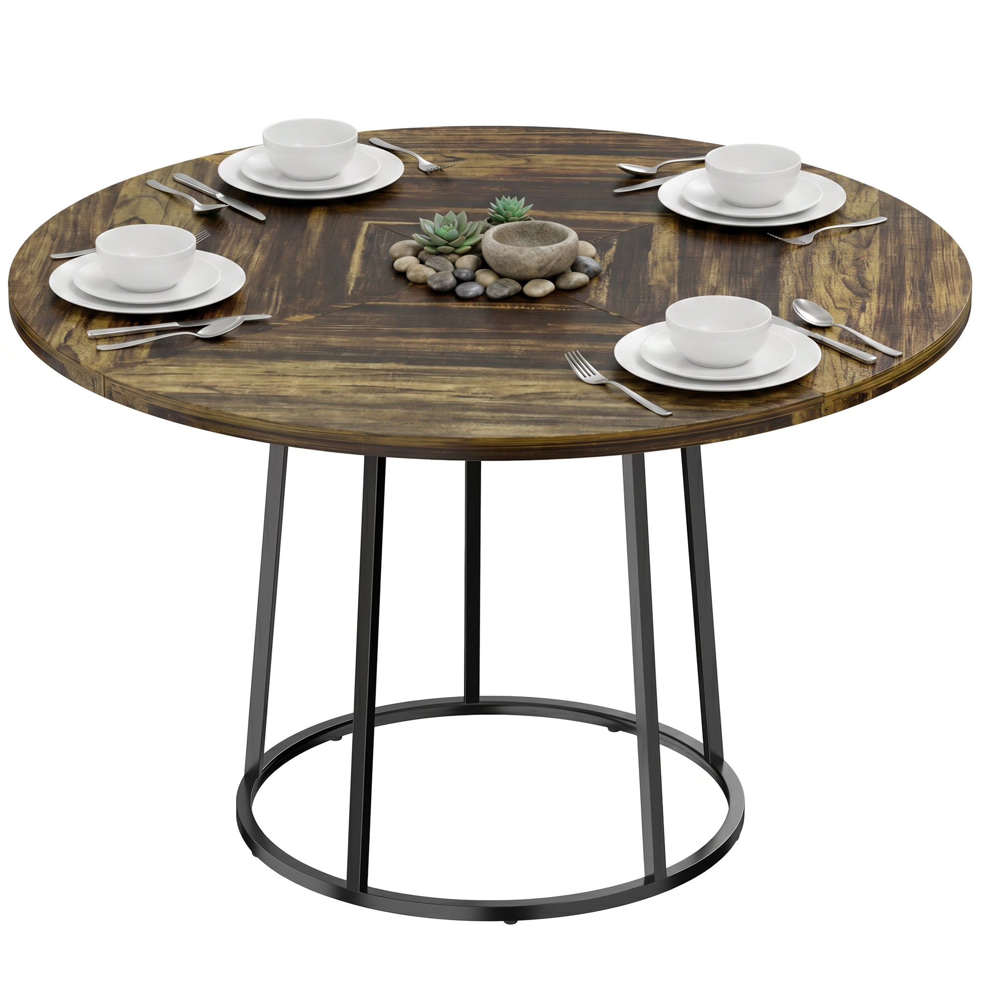 Modern Industrial Dining Table for 4-6 People, 120 cm Round Kitchen Table with Spliced Top and Conical Metal Base for Dining Room, Kitchen, Living Room, Rustic Brown