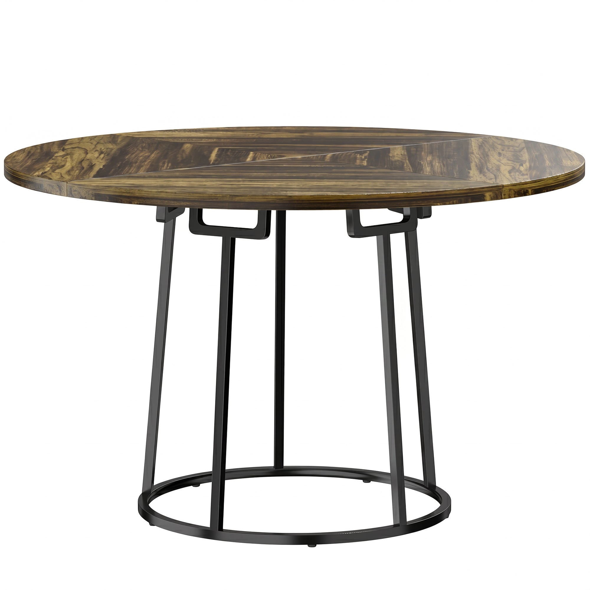 Modern Industrial Dining Table for 4-6 People, 120 cm Round Kitchen Table with Spliced Top and Conical Metal Base for Dining Room, Kitchen, Living Room, Rustic Brown