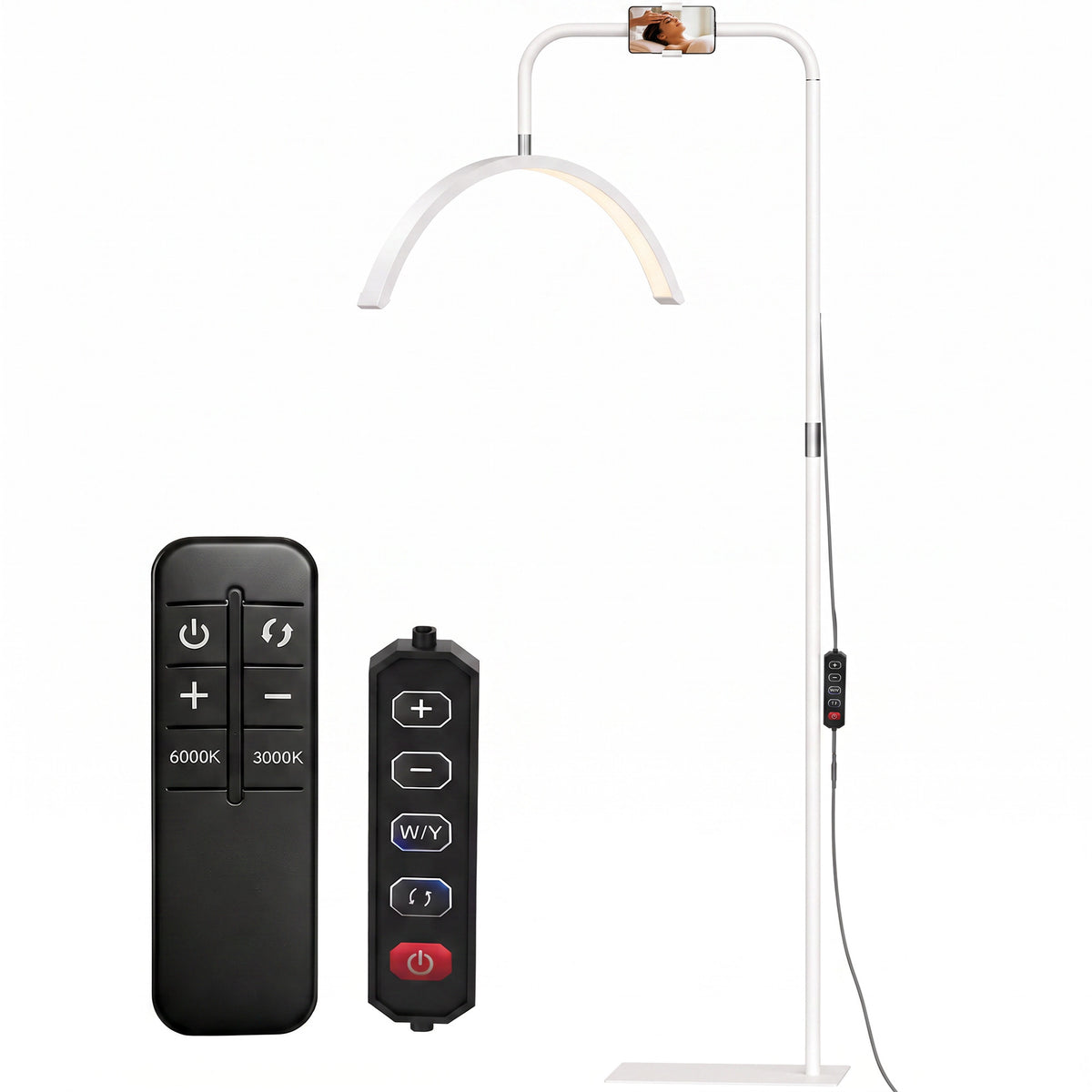 Half Moon Lash Light, Beauty Floor Lamp with 350° Rotatable Head, 7 Colour Temperature and Phone Holder, Dimmable Standing Lamp for Eyelash Extension, Tattoo, Nails, Skincare, White