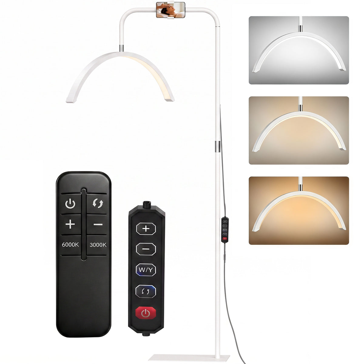 Half Moon Lash Light, Beauty Floor Lamp with 350° Rotatable Head, 7 Colour Temperature and Phone Holder, Dimmable Standing Lamp for Eyelash Extension, Tattoo, Nails, Skincare, White