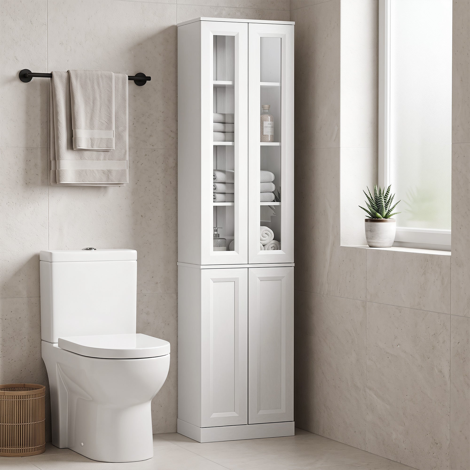 Tall Bathroom Storage Cabinet, 6-Tier Slim Freestanding Bathroom Cabinet with Adjustable Shelf, 4 Soft-Close Doors, Storage Unit for Small Space, 38 x 26 x 160 cm, White
