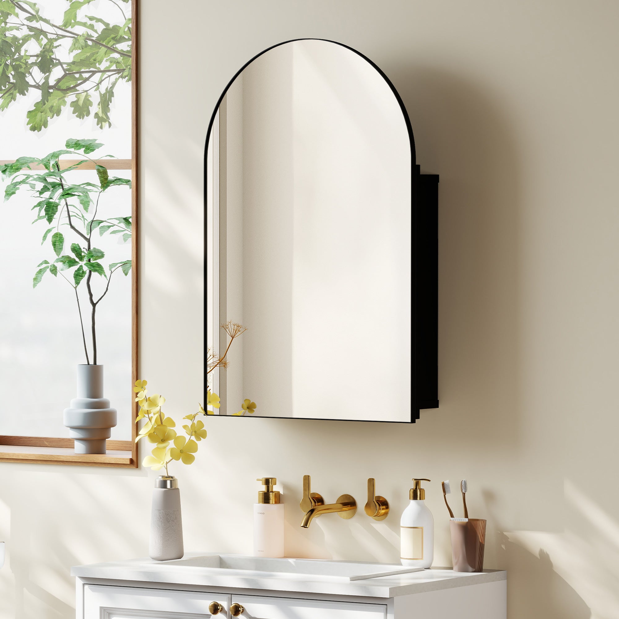 Arched Bathroom Mirror Cabinet, Bathroom Wall Cabinet with Mirror and Storage Shelves, 50 x 76 cm, Black