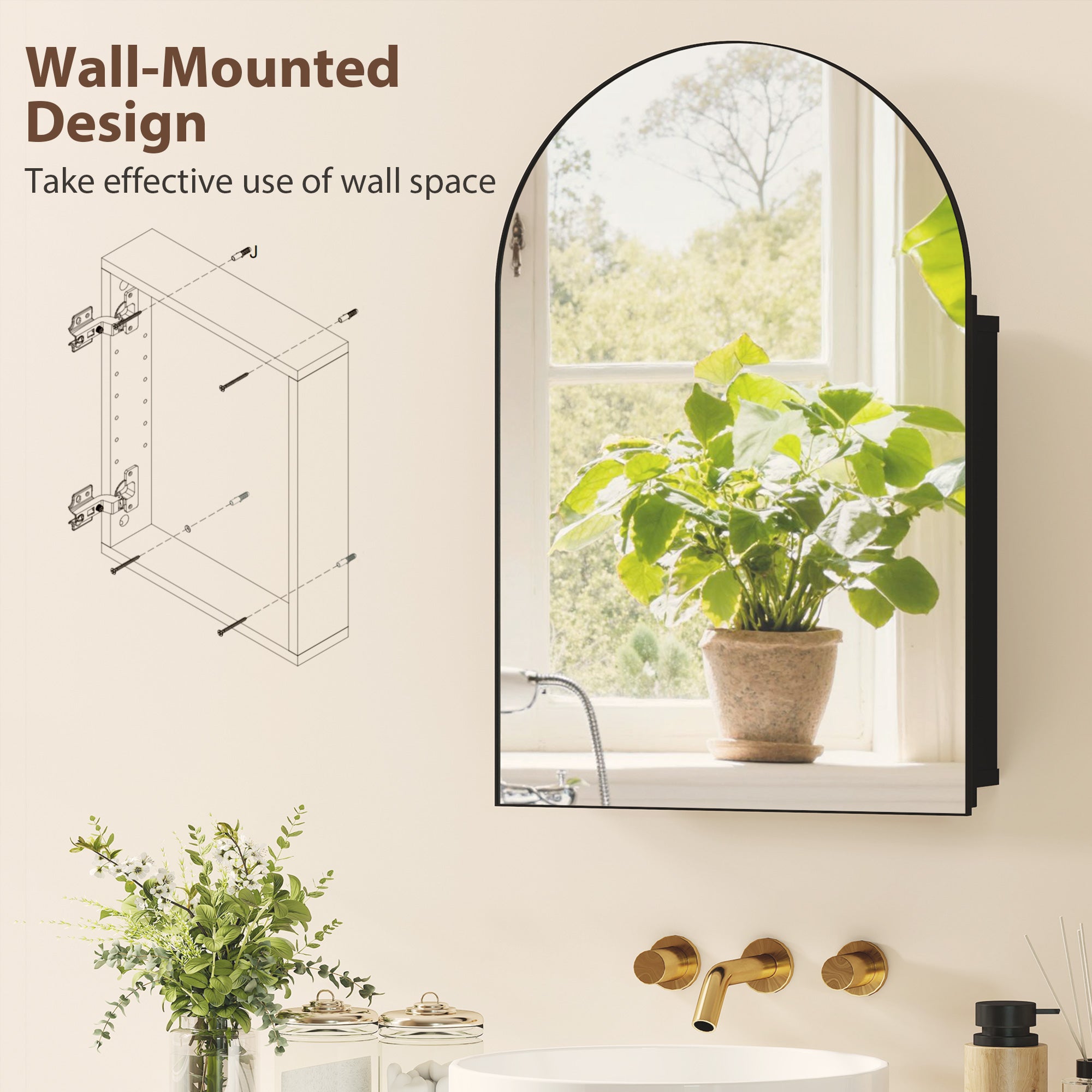 Arched Bathroom Mirror Cabinet, Bathroom Wall Cabinet with Mirror and Storage Shelves, 50 x 76 cm, Black