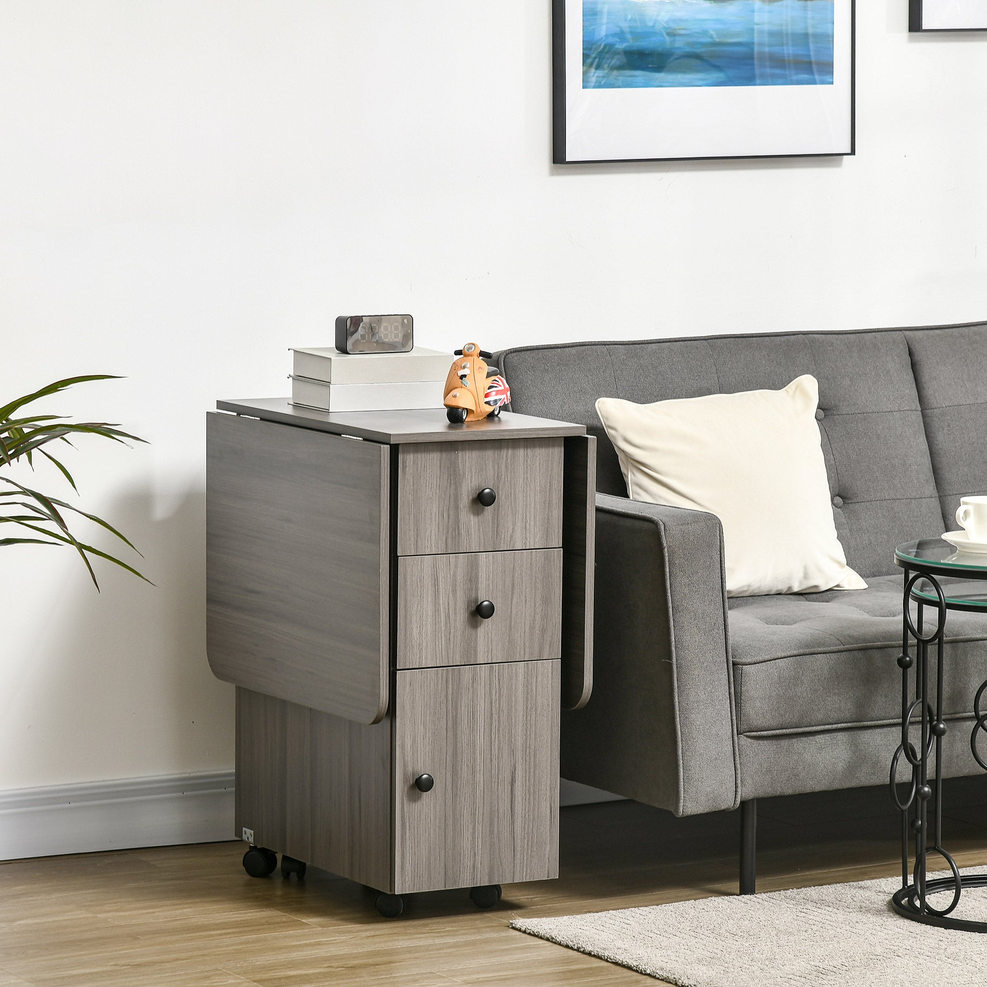 HOMCOM Folding Dining Table for 4-6, Rolling Drop Leaf Table with Storage Drawers, Cabinet and Open Shelf, Extendable Kitchen Table on Wheels, Grey
