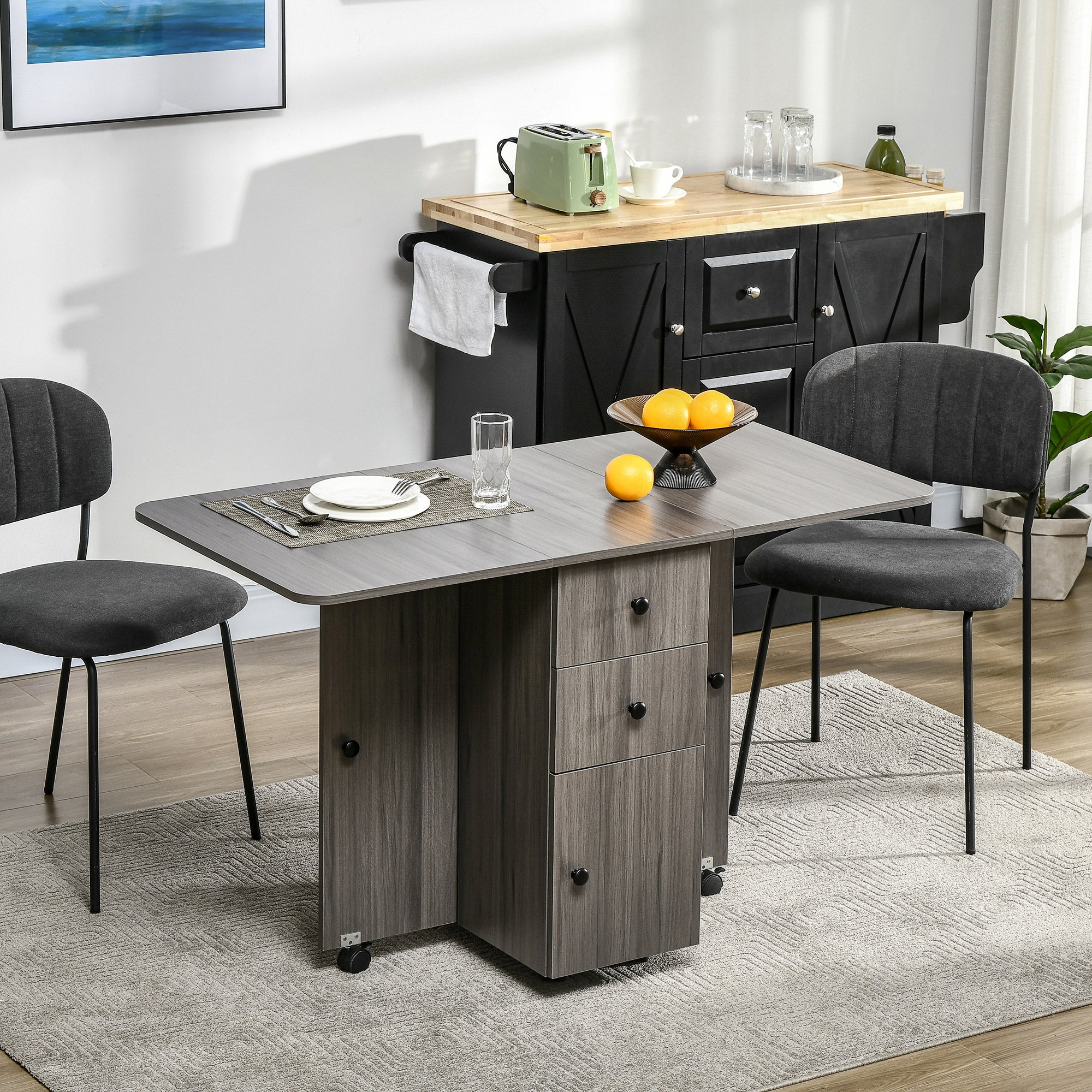 HOMCOM Foldable Dining Table, Rolling Kitchen Table With Storage Drawers and Cabinet, Drop Leaf Table on Wheels, Grey