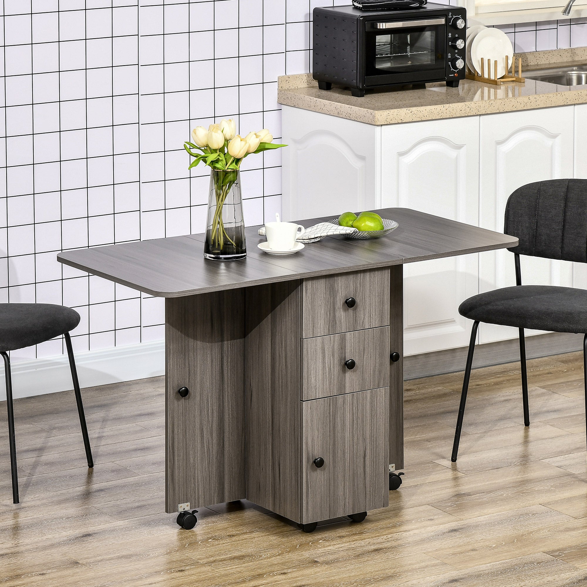 HOMCOM Folding Dining Table for 4-6, Rolling Drop Leaf Table with Storage Drawers, Cabinet and Open Shelf, Extendable Kitchen Table on Wheels, Grey